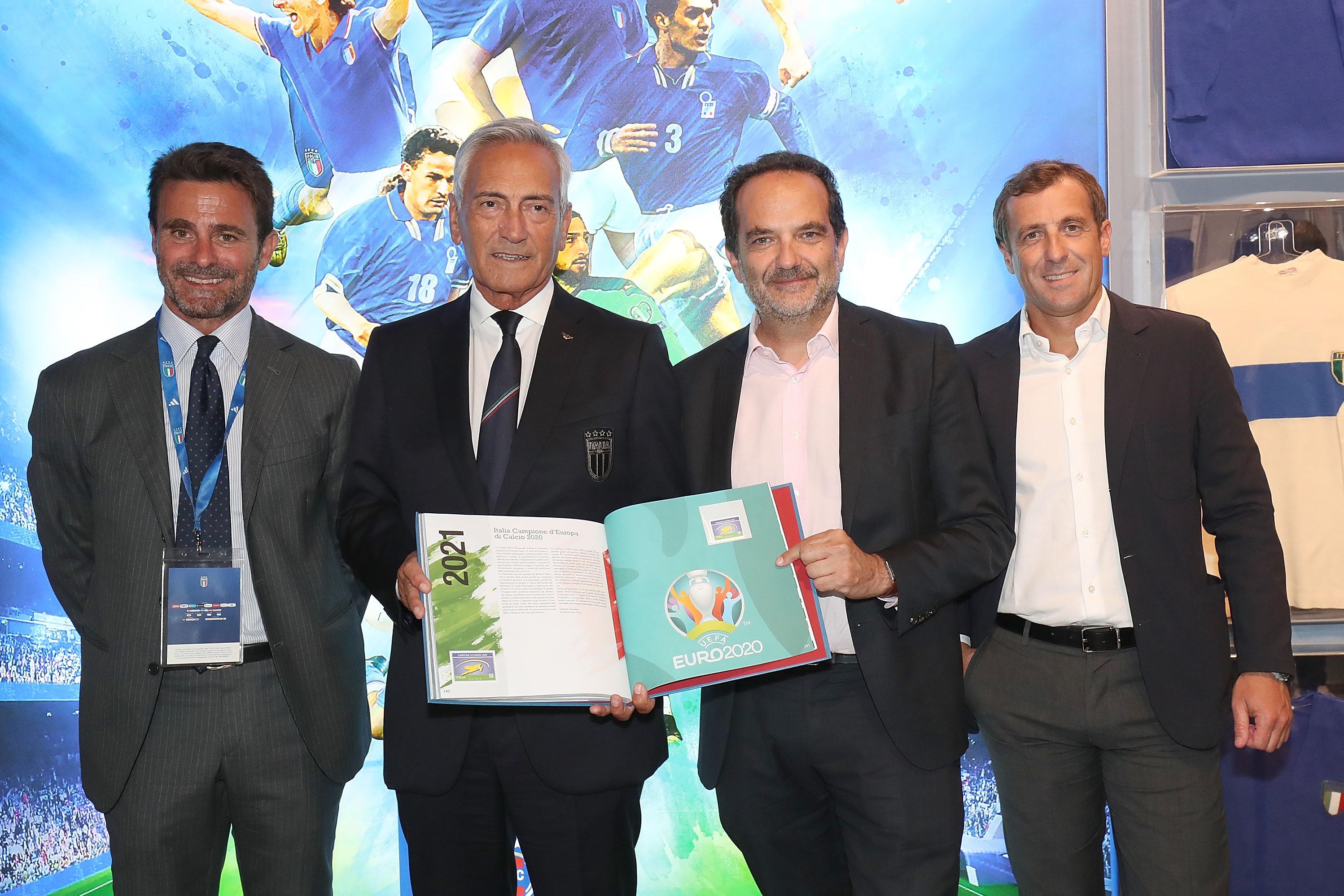 FLORENCE, ITALY - SEPTEMBER 4: (L to R) Giovanni Marchetti Head of Philately at Poste Italiane, Gabriele Gravina presidenti od FIGC, Matteo Marani, president of the Lega Pro and president of the Fondazione Museo del Calcio and Giovanni Valentini of FIGC at Centro Tecnico Federale di Coverciano on September 4, 2023 in Florence, Italy. (Photo by Gabriele Maltinti/Getty Images) *** Local Caption *** Giovanni Marchetti; Gabriele Gravina; Matteo Marani; Giovanni Valentini