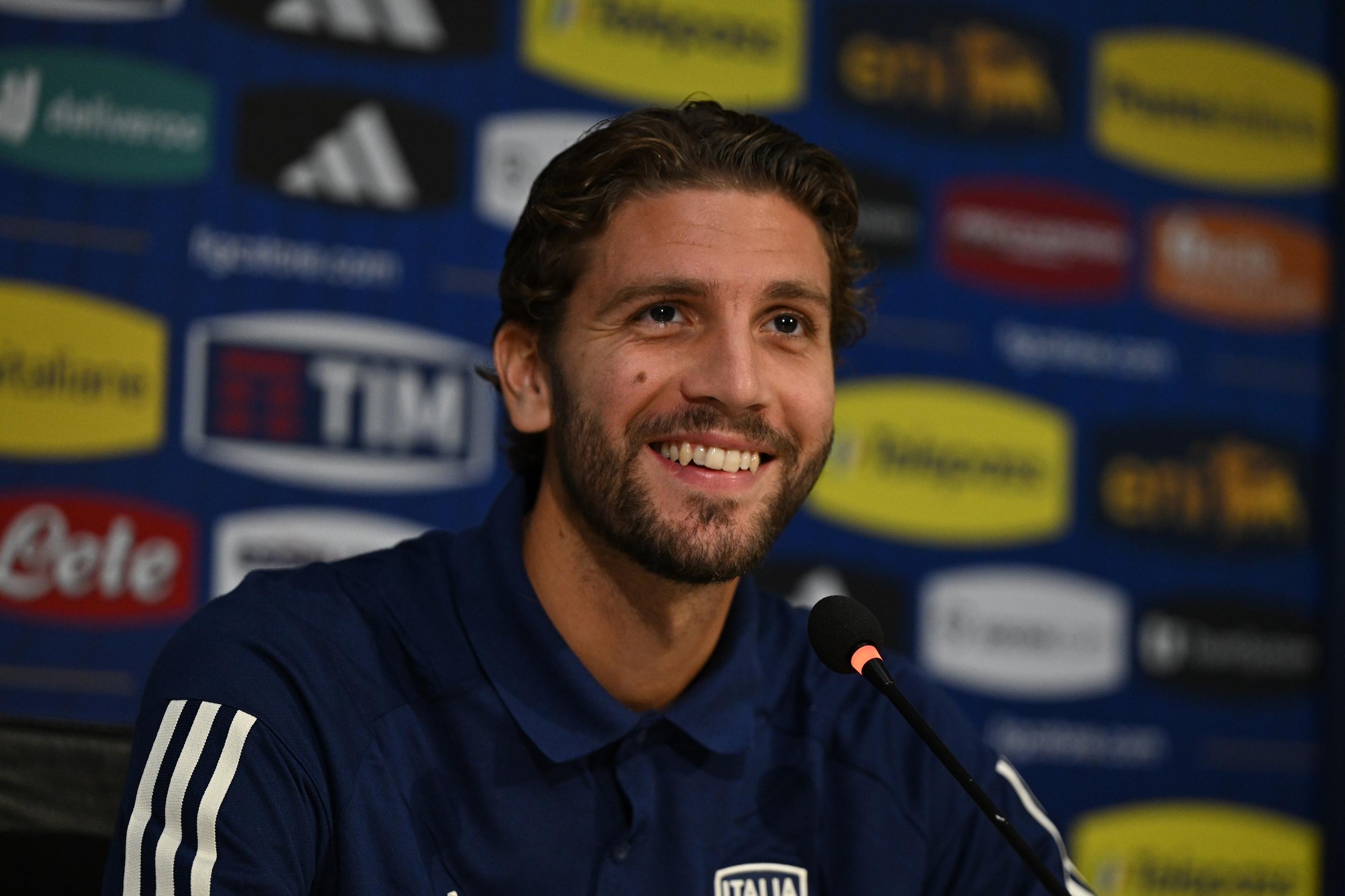 FLORENCE, ITALY - SEPTEMBER 05: Manuel Locatelli of Italy speaks with a media during a press conference at Centro Tecnico Federale di Coverciano on September 05, 2023 in Florence, Italy. (Photo by Claudio Villa/Getty Images)