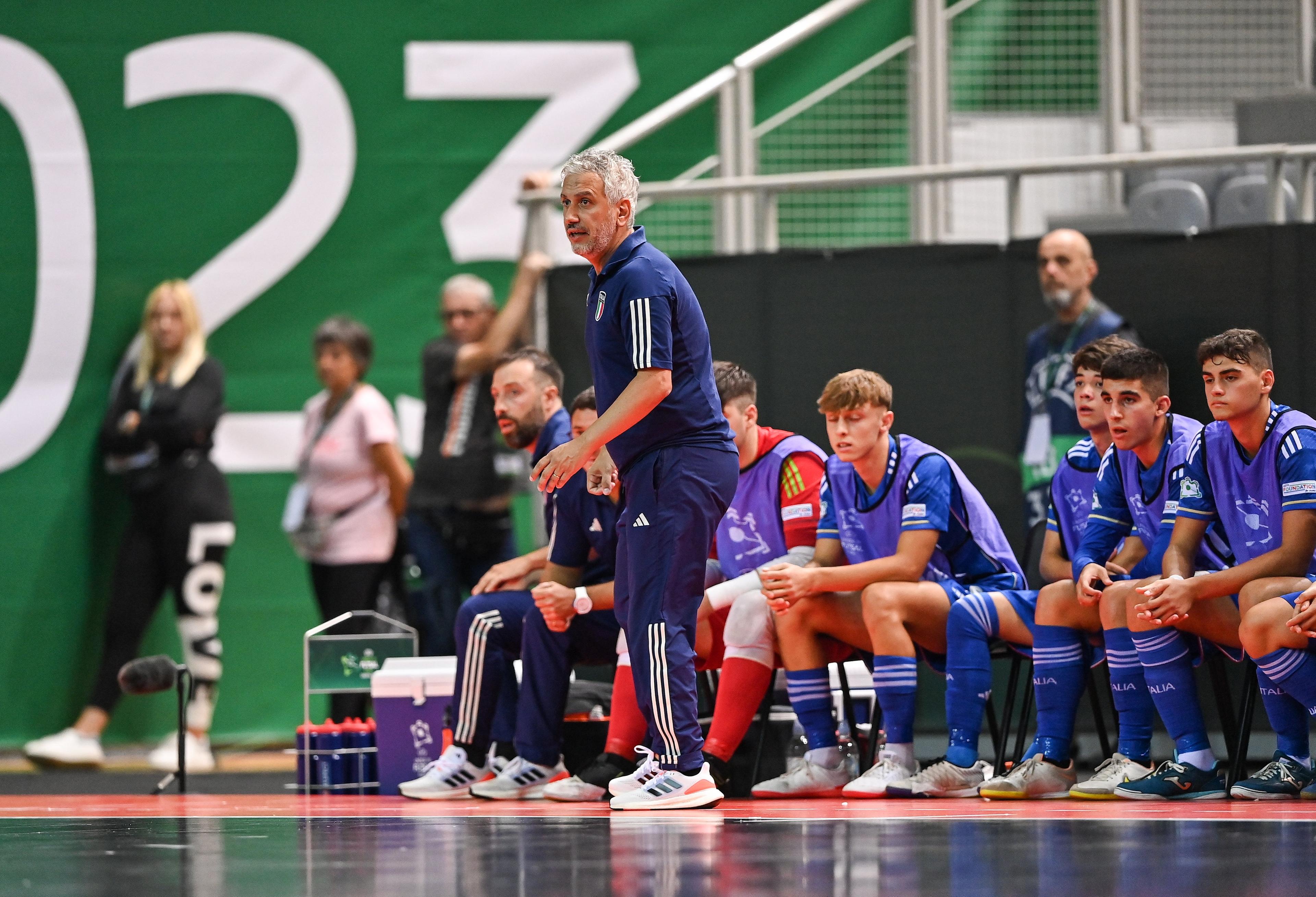 POREC, CROATIA - SEPTEMBER 6: Italy head coach Massimiliano Bellarte during the UEFA Under-19 Futsal EURO 2023 match between Slovenia and Italy at the Zatika Arena on 6 September 2023 in Porec, Croatia. (Photo by Piaras Ã“ MÃdheach - Sportsfile/UEFA via Getty Images)