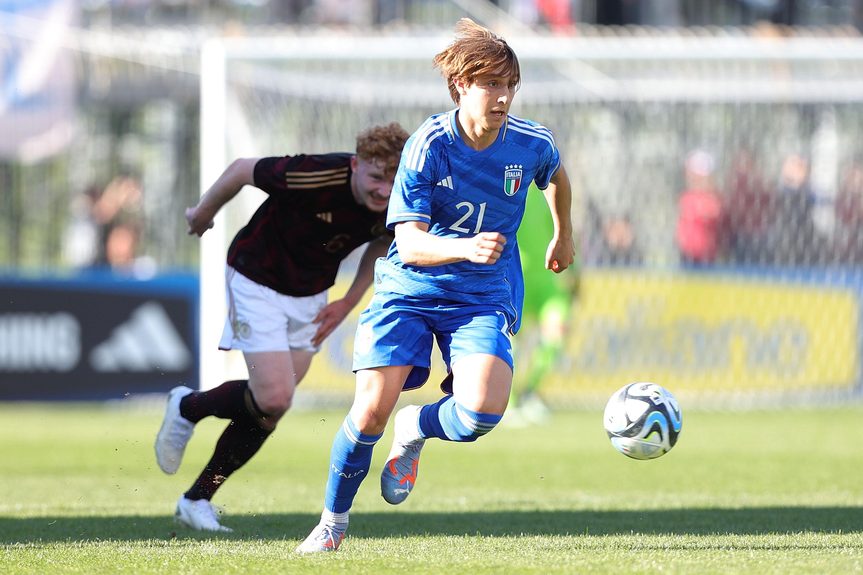 PRATO, ITALY - MARCH 27: Jacopo Fazzini of Italy U20 in action during the U20 international friendly match between Italy and Germany at Stadio Lungobisenzio on March 27, 2023 in Prato, Italy. (Photo by Gabriele Maltinti/Getty Images) *** Local Caption *** Jacopo Fazzini