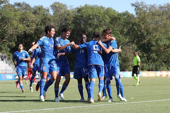 TIRRENIA, ITALY - SEPTEMBER 7: Filippo Pagnucco celebrates after scoring a goal during the International Friendly match between Italy U18 and Serbia U18 on September 7, 2023 in Tirrenia, Italy. (Photo by Gabriele Maltinti/Getty Images)