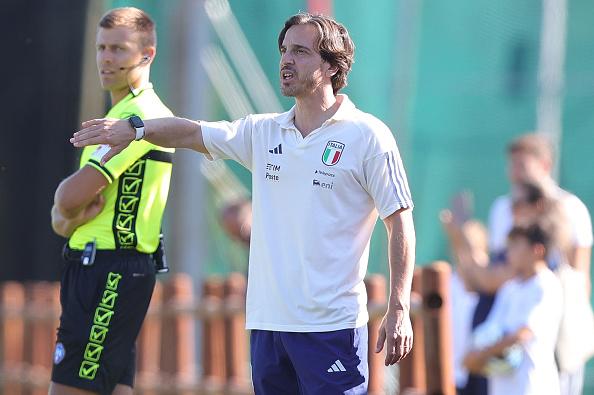 TIRRENIA, ITALY - SEPTEMBER 7: Head coach of Italy U18 Daniele Franceschini gestures during the International Friendly match between Italy U18 and Serbia U18 on September 7, 2023 in Tirrenia, Italy. (Photo by Gabriele Maltinti/Getty Images)