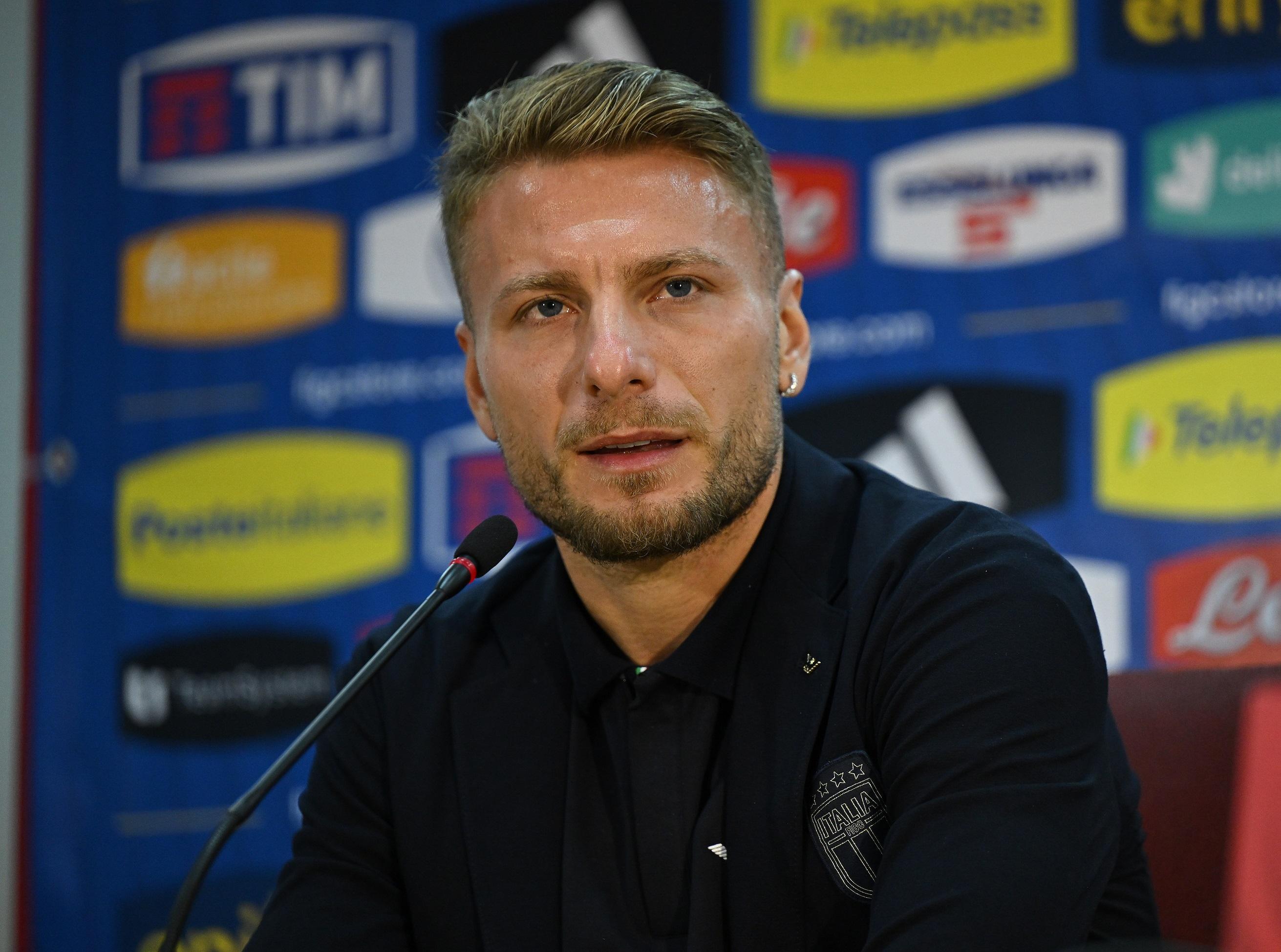 SKOPJE, MACEDONIA - SEPTEMBER 08: Ciro Immobile of Italy speaks with the media before the Group C - UEFA EURO 2024 European Qualifiers between North Macedonia v Italy on September 08, 2023 in Skopje, Macedonia. (Photo by Claudio Villa/Getty Images)