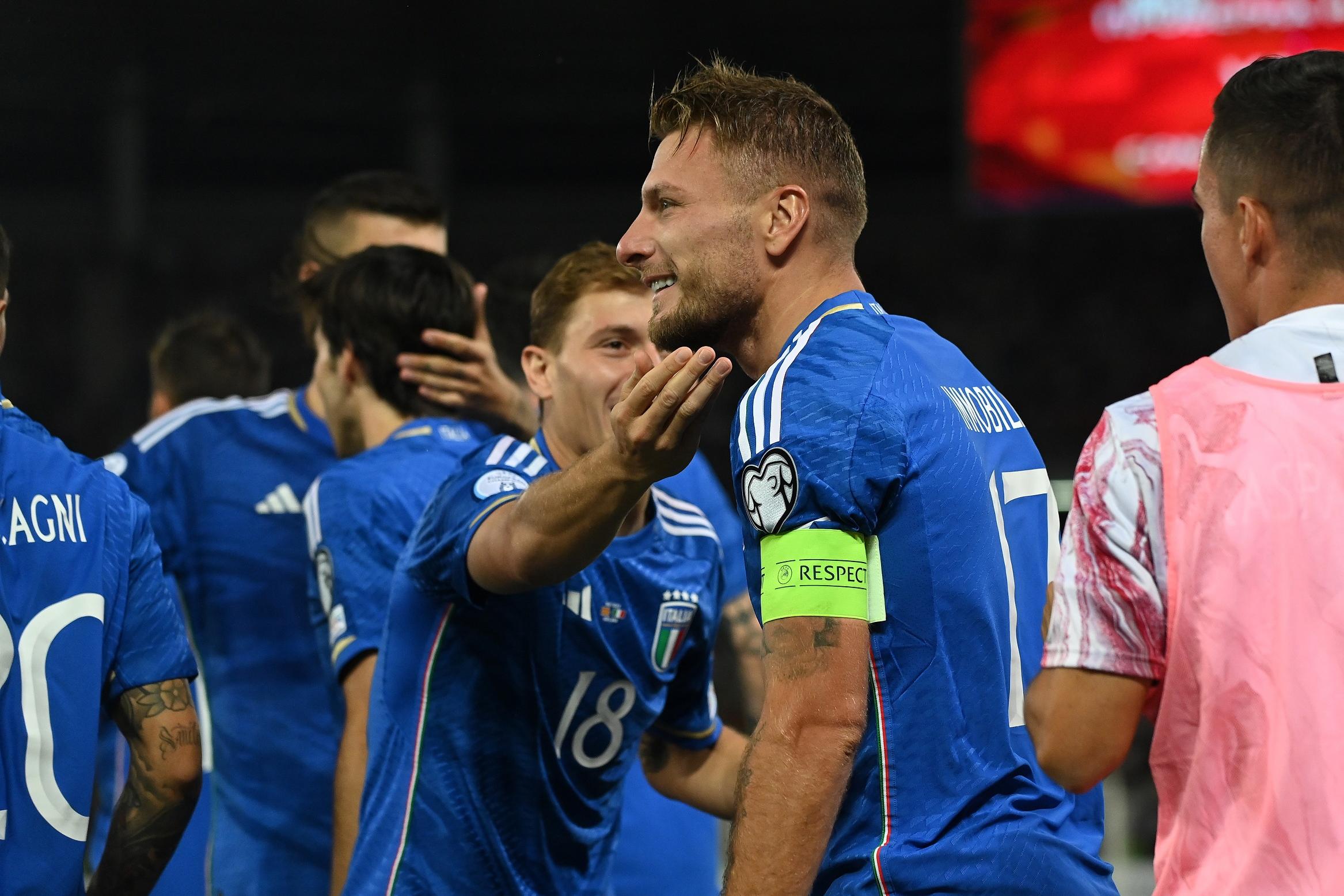 SKOPJE, MACEDONIA - SEPTEMBER 09:  Ciro Immobile of Italy celebrates after scoring the opening goal during the UEFA EURO 2024 European qualifier match between North Macedonia and Italy at National Arena Todor Proeski on September 09, 2023 in Skopje, Macedonia. (Photo by Claudio Villa/Getty Images)