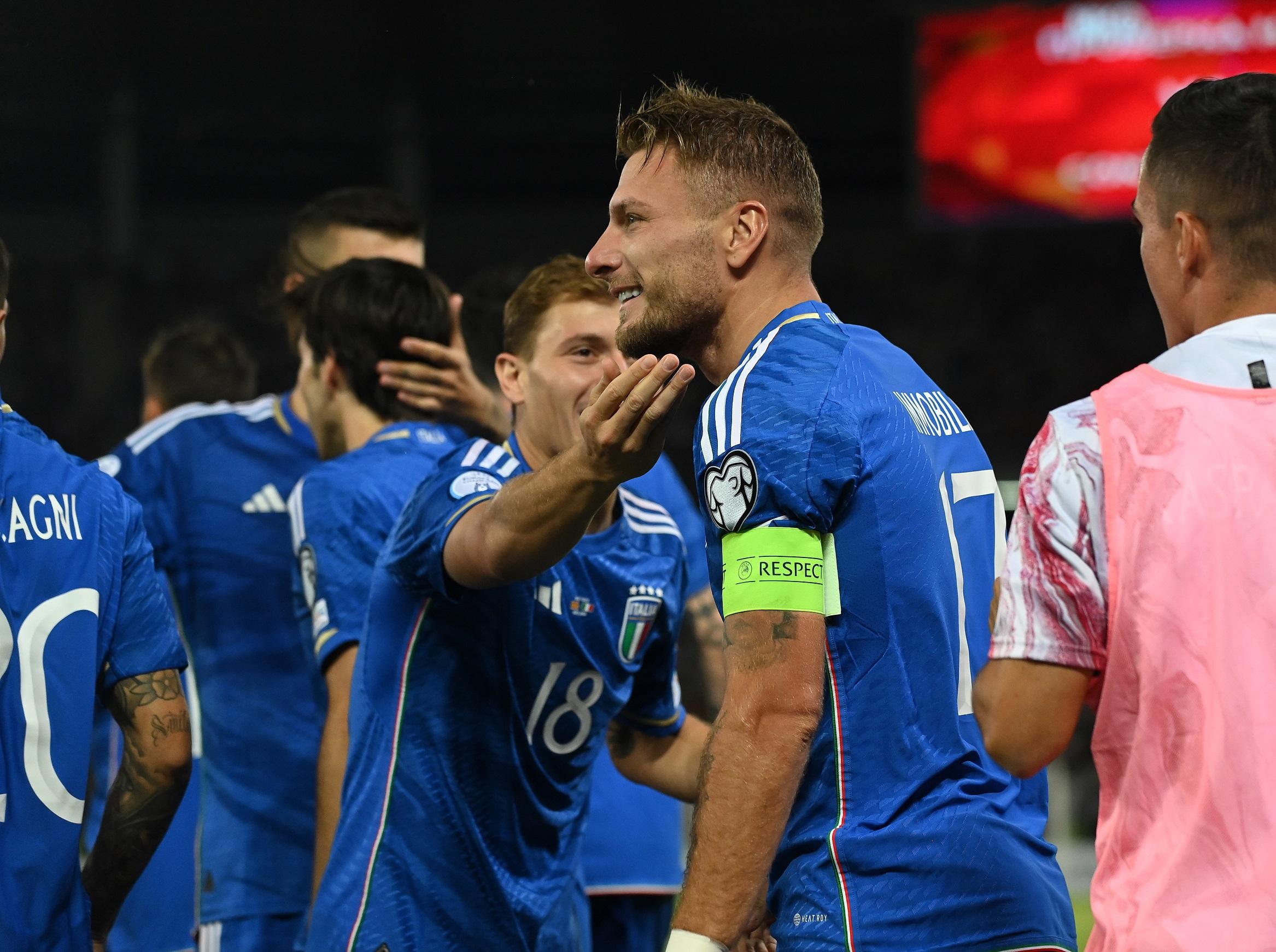 SKOPJE, MACEDONIA - SEPTEMBER 09: Ciro Immobile of Italy celebrates after scoring the opening goal during the UEFA EURO 2024 European qualifier match between North Macedonia and Italy at National Arena Todor Proeski on September 09, 2023 in Skopje, Macedonia. (Photo by Claudio Villa/Getty Images)