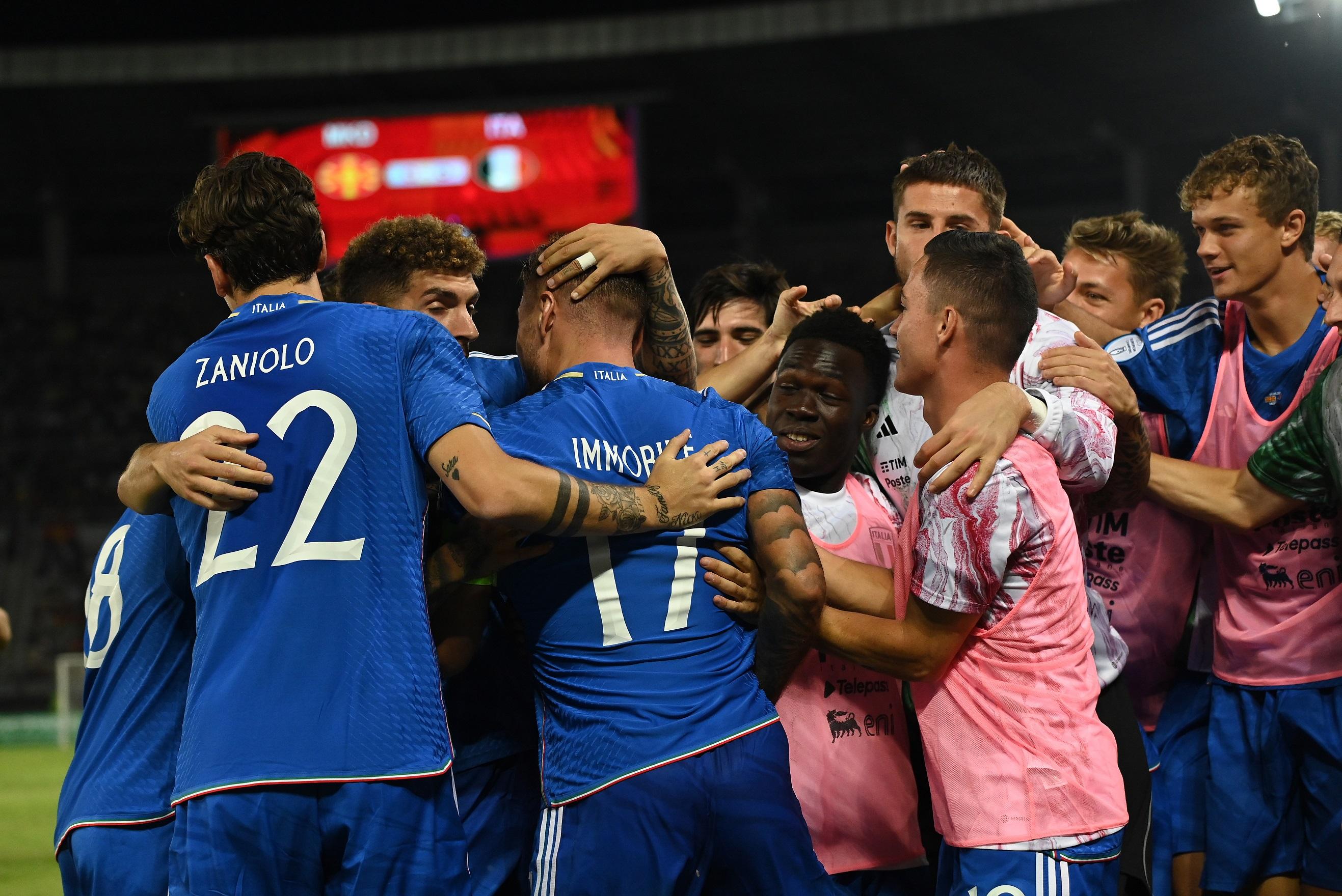 SKOPJE, MACEDONIA - SEPTEMBER 09: Ciro Immobile of Italy celebrates with team-mates after scoring the opening goal during the UEFA EURO 2024 European qualifier match between North Macedonia and Italy at National Arena Todor Proeski on September 09, 2023 in Skopje, Macedonia. (Photo by Claudio Villa/Getty Images)