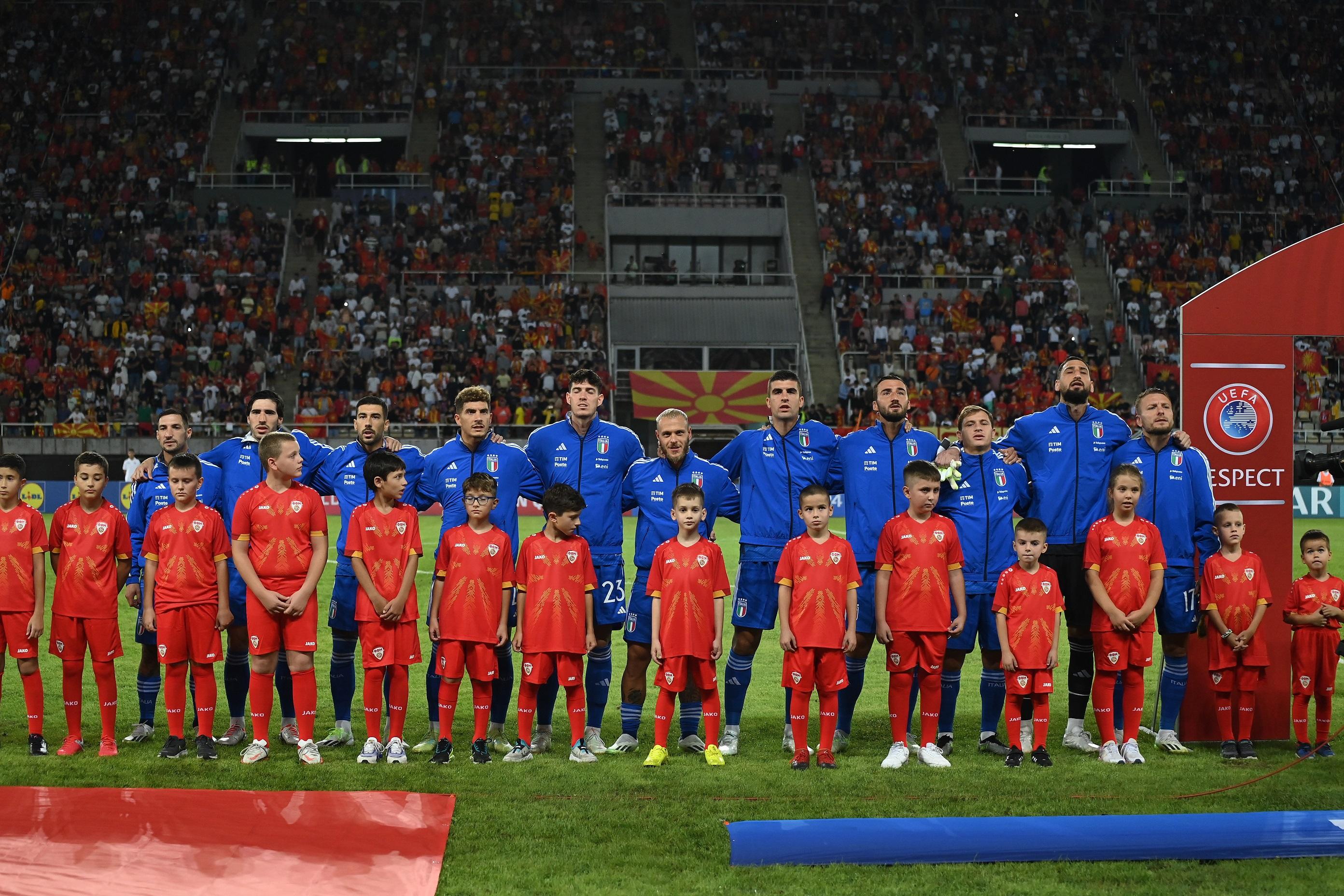 SKOPJE, MACEDONIA - SEPTEMBER 09: Players of Italy line up during the National Anthems prior to the UEFA EURO 2024 European qualifier match between North Macedonia and Italy at National Arena Todor Proeski on September 09, 2023 in Skopje, Macedonia. (Photo by Claudio Villa/Getty Images)