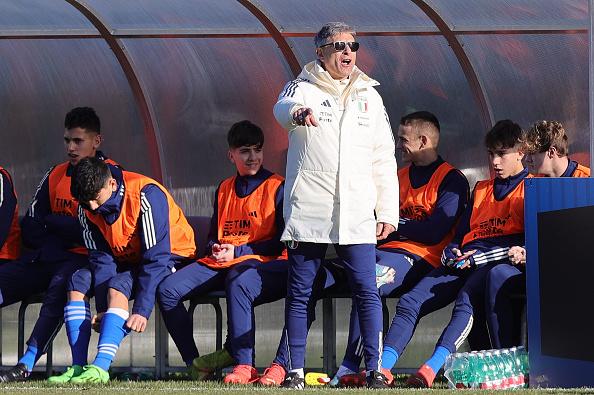 FLORENCE, ITALY - JANUARY 24: Head coach of Italy U15 Massimiliano Favo gestures during the International Friendly match between Italy U15 and Albania U15 on January 24, 2023 in Florence, Italy. (Photo by Gabriele Maltinti/Getty Images)
