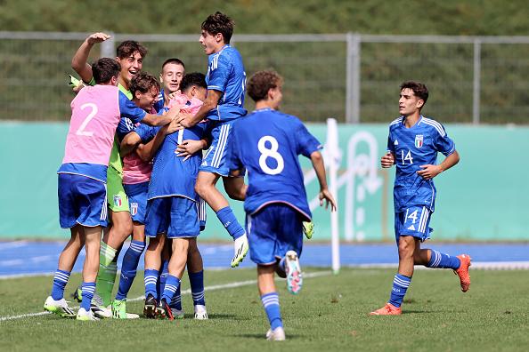 BONN, GERMANY - SEPTEMBER 12: Francesco Camarda of Italy celebrates the forth goal with his team mates during the U17 4-Nations tournament between Germany and Italy at Sportpark Nord on September 12, 2023 in Bonn, Germany. (Photo by Christof Koepsel/Getty Images)