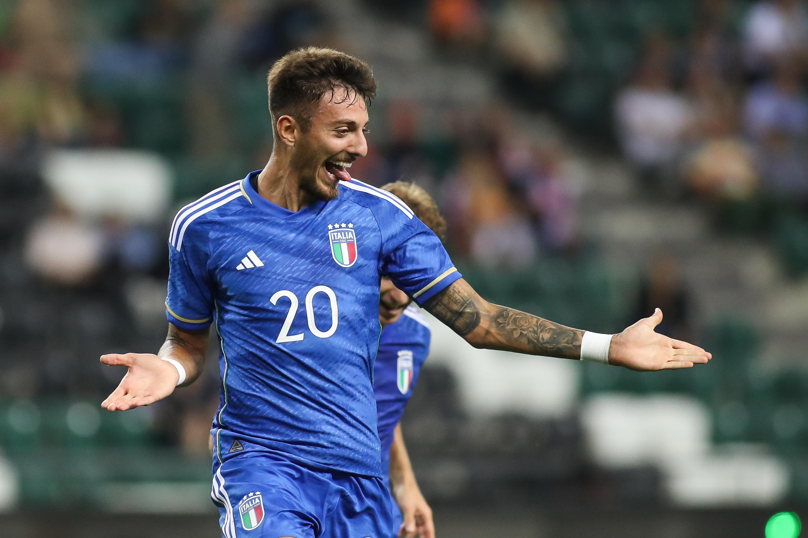 KOCAELI, TURKEY - SEPTEMBER 12: Marco Nasti of Italy celebrates after scoring his team's second goal during UEFA European Under-21 Championship Qualifier match between Turkey and Italy at on September 12, 2023 in Kocaeli, Turkey. (Photo by Ahmad Mora/Getty Images)