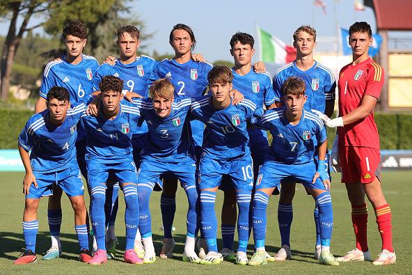 FLORENCE, ITALY - AUGUST 22: Italy U16 team pose during the friendly Internationale match between Italy U16 and England U16 at Centro Tecnico Federale di Coverciano on August 22, 2023 in Florence, Italy. (Photo by Gabriele Maltinti/Getty Images)