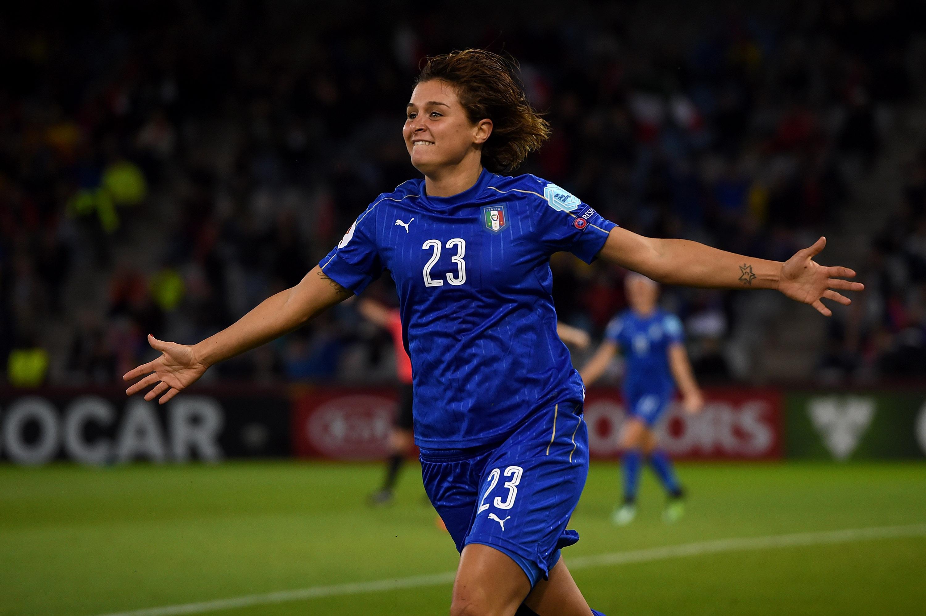 DOETINCHEM, NETHERLANDS - JULY 25: Cristiana Girelli of Italy celebrates after scoring her team's third goal during the UEFA Women's Euro 2017 Group B match between Sweden and Italy at Stadion De Vijverberg on July 25, 2017 in Doetinchem, Netherlands. (Photo by Tullio M. Puglia/Getty Images)
