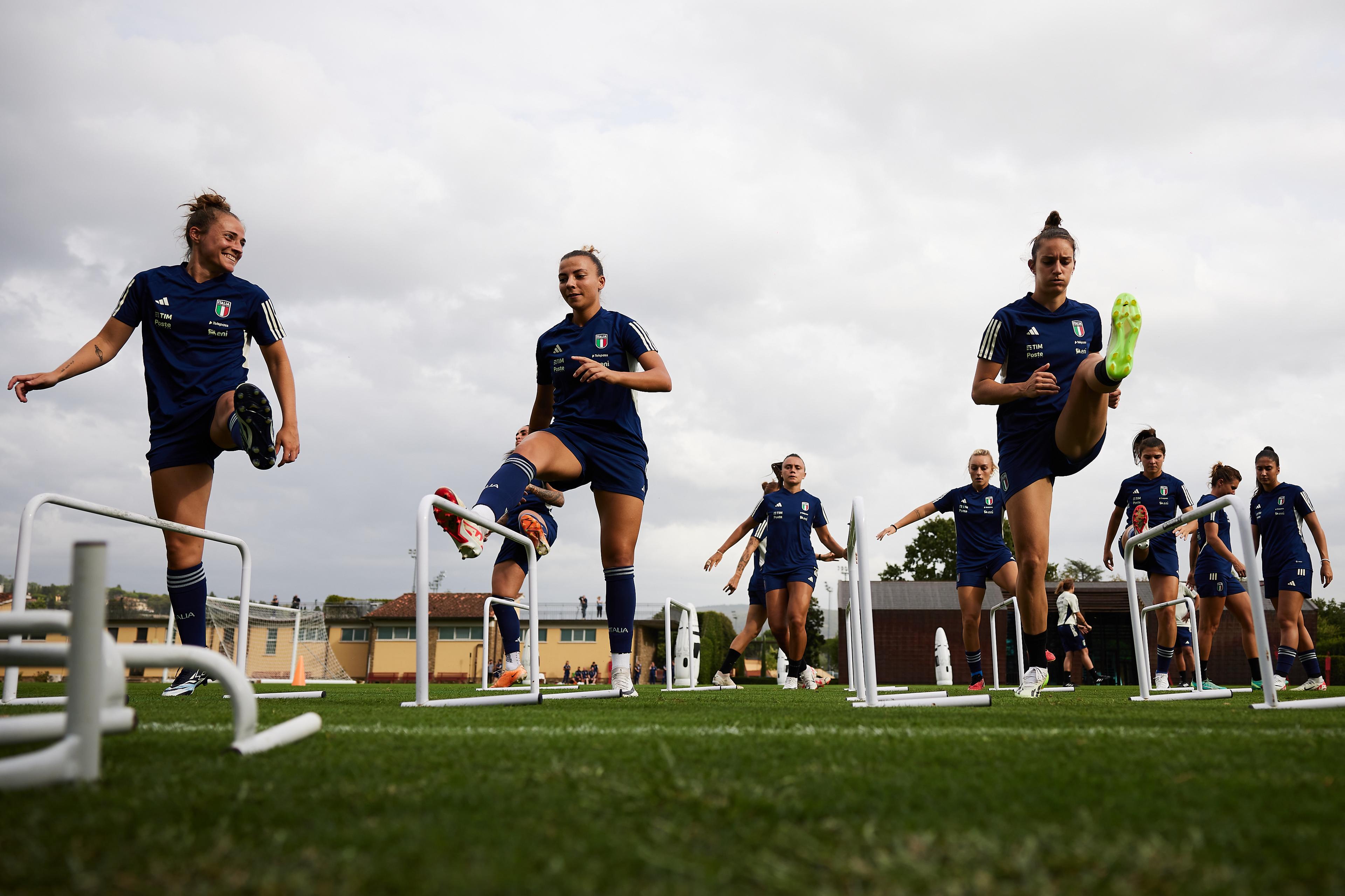 FLORENCE, ITALY - SEPTEMBER 18: Aurora Galli, Arianna Caruso and Martina Lenzini of Italy during Italy Training Session at Centro Tecnico Federale di Coverciano on September 18, 2023 in Florence, Italy. (Photo by Emmanuele Ciancaglini/Getty Images)