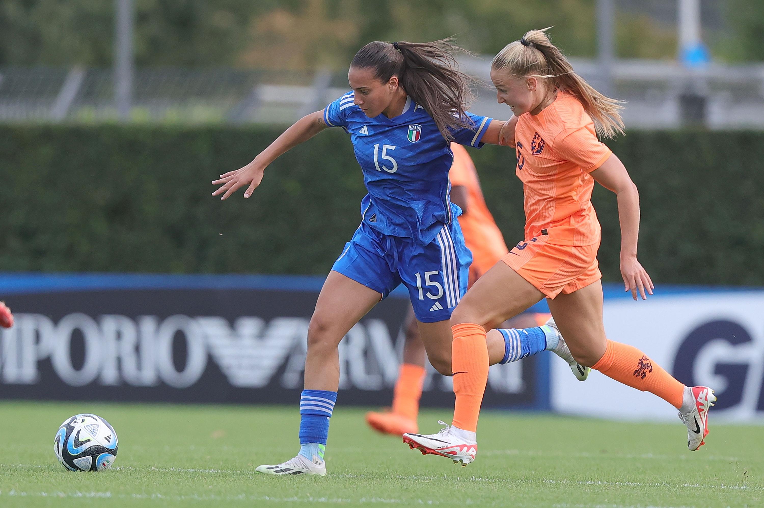 FLORENCE, ITALY - SEPTEMBER 21: Alice Corelli of Italy Women U23 in action during the international friendly match between Italy U23 Women and Netherlands U23 Women at Centro Tecnico Federale di Coverciano on September 21, 2023 in Florence, Italy. (Photo by Gabriele Maltinti/Getty Images) *** Local Caption *** Alice Corelli