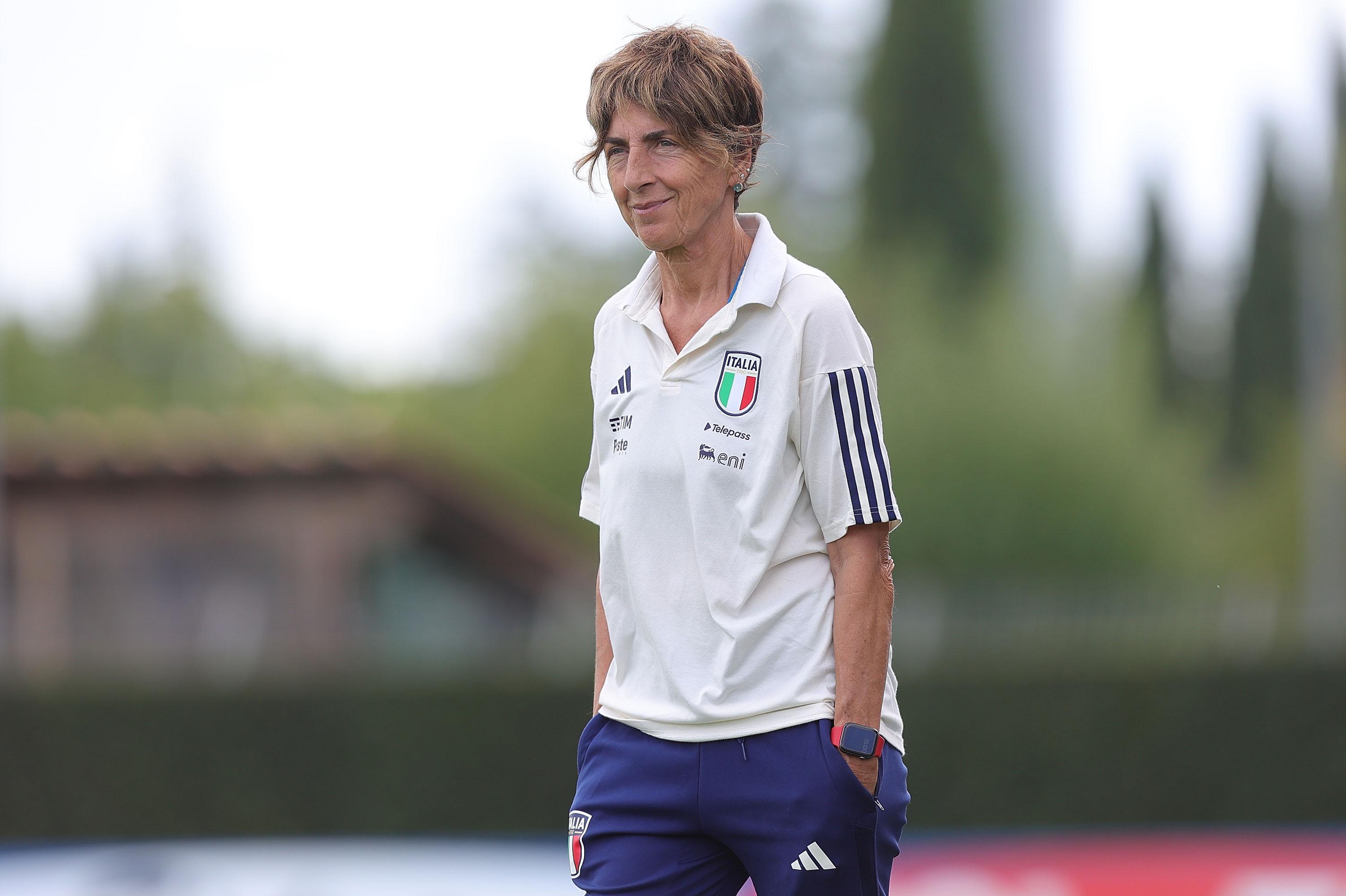 FLORENCE, ITALY - SEPTEMBER 21: Head coach of Italy Women U23 Nazzarena Grilli looks on during the international friendly match between Italy U23 Women and Netherlands U23 Women at Centro Tecnico Federale di Coverciano on September 21, 2023 in Florence, Italy. (Photo by Gabriele Maltinti/Getty Images) *** Local Caption *** Nazzarena Grilli