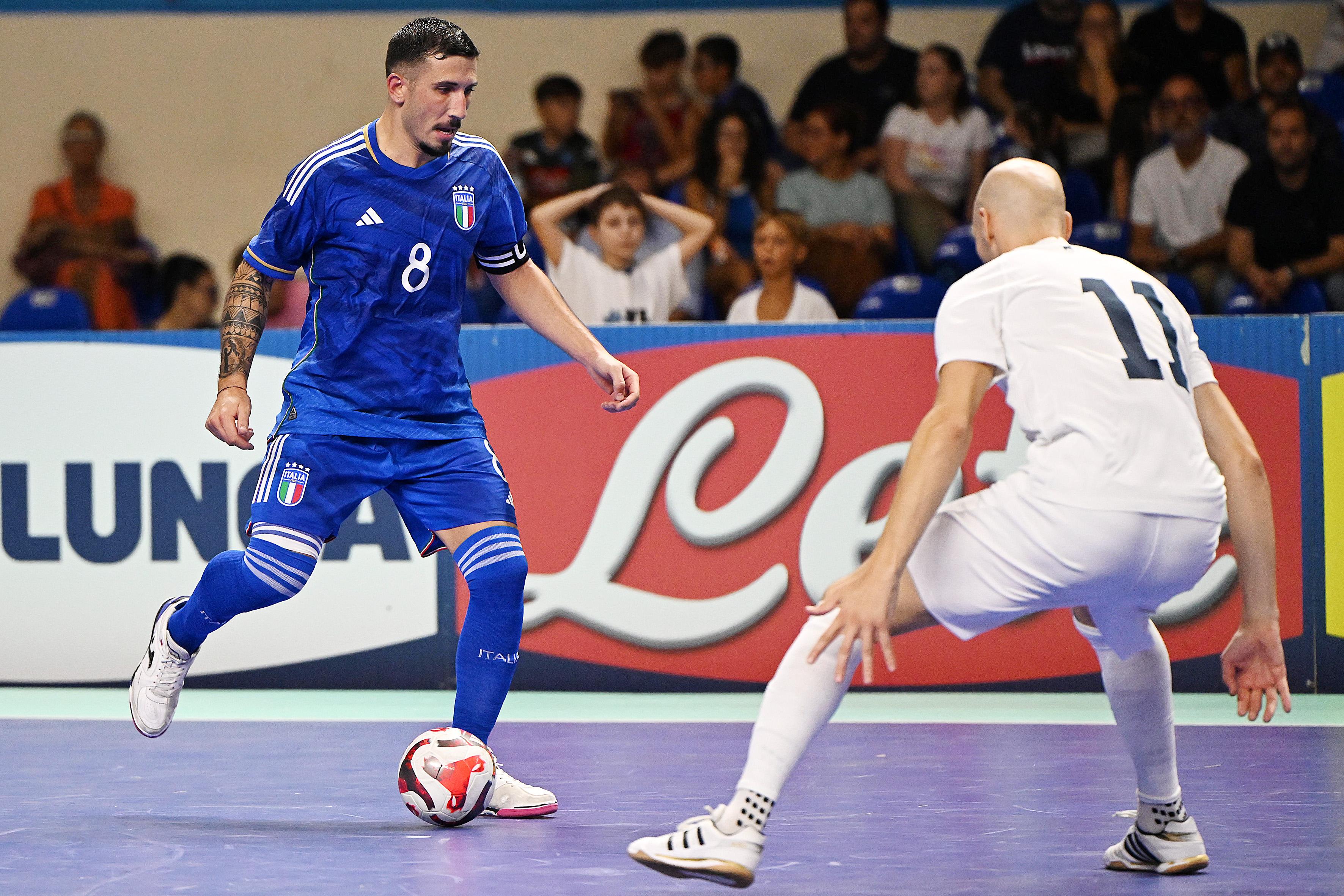 EBOLI, ITALY - SEPTEMBER 15: Carmelo Musumeci of Italy during the FIFA Futsal World Cup 2024 Qualifier match between Italy and Slovenia on September 15, 2023 in Eboli, Italy. (Photo by Francesco Pecoraro/Getty Images)