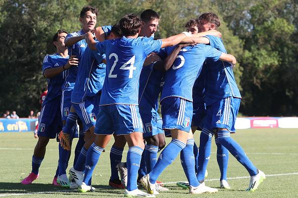 TIRRENIA, ITALY - SEPTEMBER 7: Filippo Pagnucco celebrates after scoring a goal during the International Friendly match between Italy U18 and Serbia U18 on September 7, 2023 in Tirrenia, Italy. (Photo by Gabriele Maltinti/Getty Images)