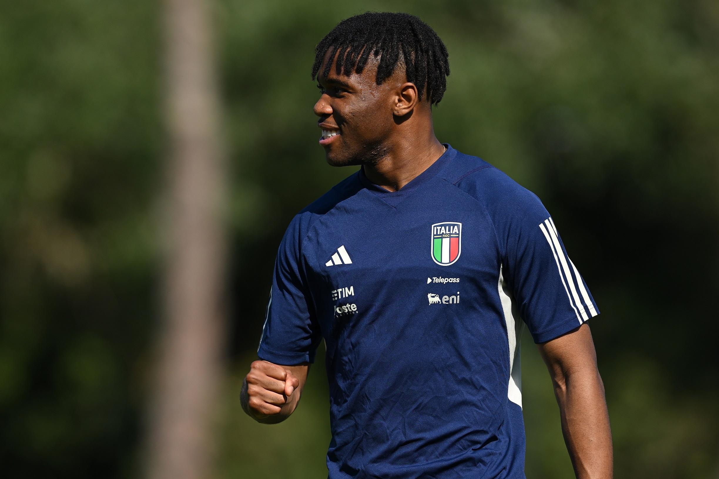 TIRRENIA, ITALY - JUNE 15: Iyenoma Destiny Udogie of Italy U21 in action during a training session at Centro di Preparazione Olimpica on June 15, 2023 in Tirrenia, Italy. (Photo by Tullio M. Puglia/Getty Images)