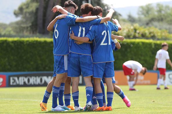 FLORENCE, ITALY - MAY 30: Thomas Campaniello of Italy U15 celebrates after scoring a goal during the international friendly match between Italy U15 and Poland U15 at Centro Tecnico Federale di Coverciano on May 30, 2023 in Florence, Italy. (Photo by Gabriele Maltinti/Getty Images)