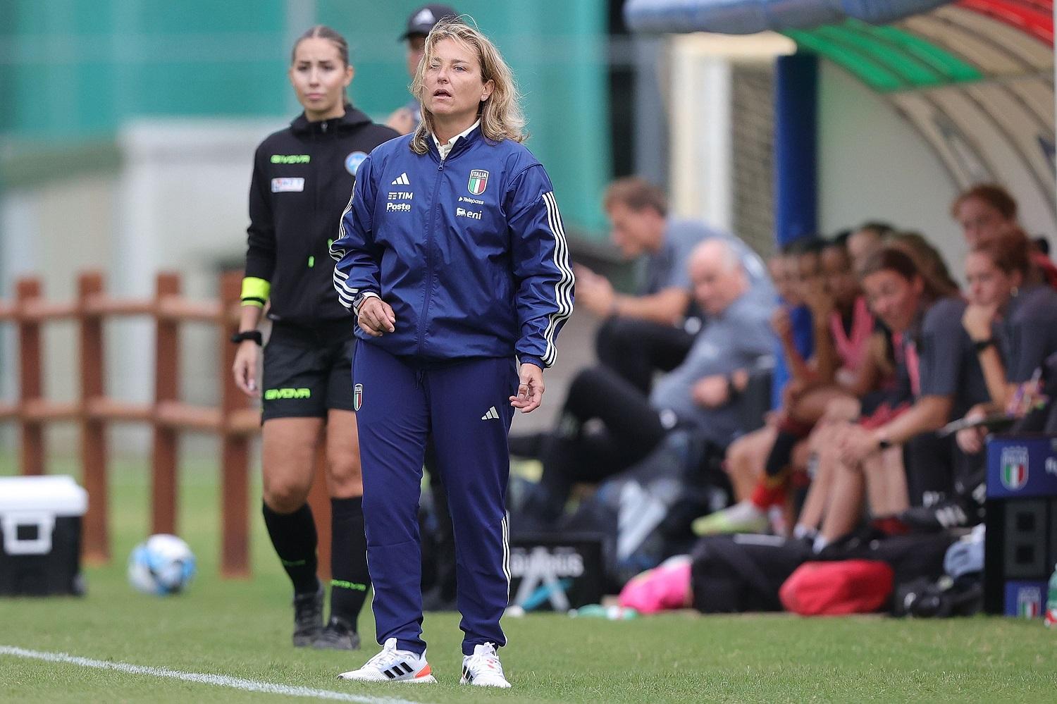 TIRRENIA, ITALY - SEPTEMBER 22: Head coach of Italy Women U19 Selena Mazzantini reacts during the international friendly match between Italy U19 Women and Belgio U19 Women on September 22, 2023 in Tirrenia, Italy. (Photo by Gabriele Maltinti/Getty Images) *** Local Caption *** Selena Mazzantini