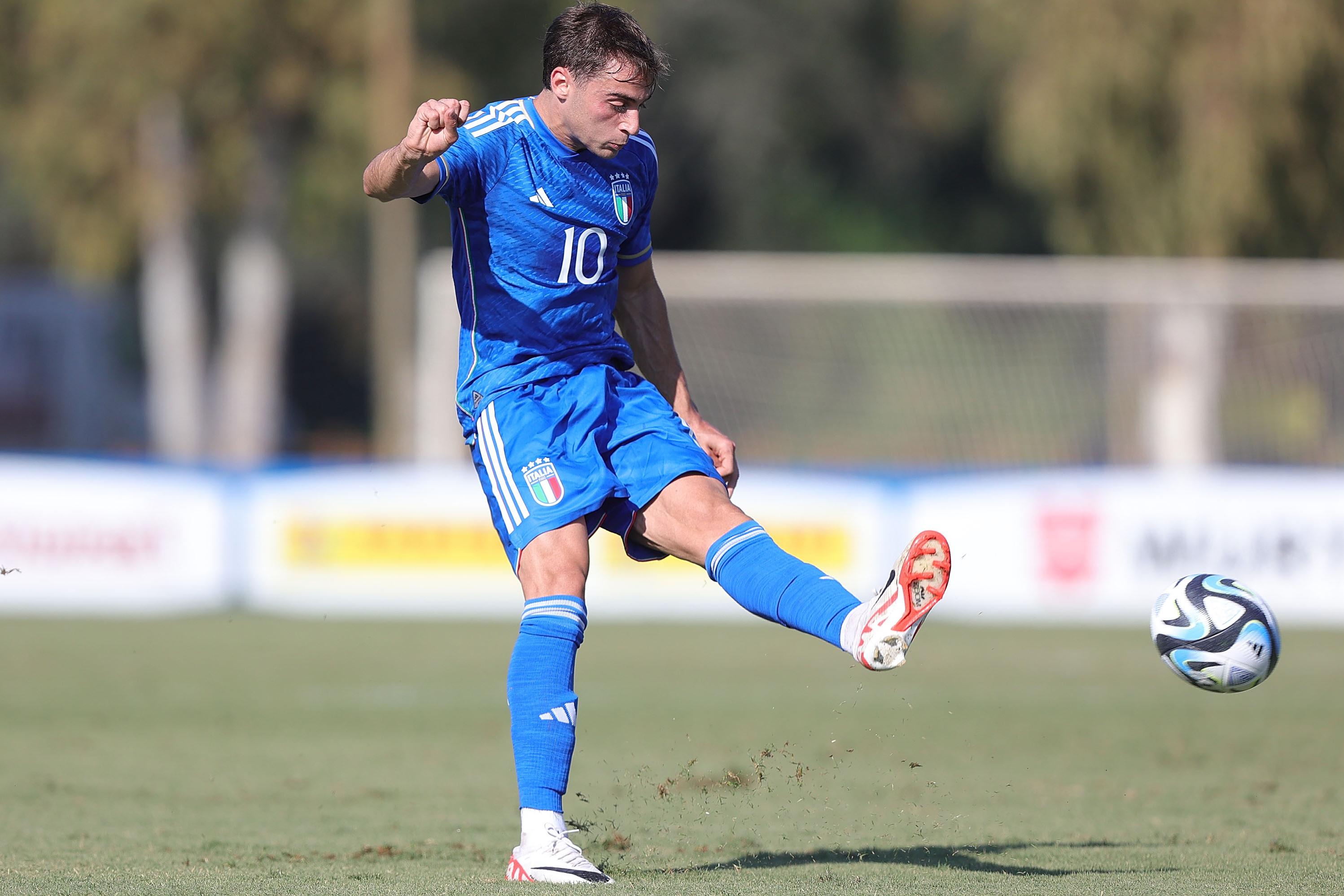 TIRRENIA, ITALY - OCTOBER 12: Gaetano Pio Oristanio of Italy U21 in action during the Friendly Match between Italy U21 and Italy U18 on October 12, 2023 in Tirrenia, Italy. (Photo by Gabriele Maltinti/Getty Images) *** Local Caption *** Gaetano Pio Oristanio