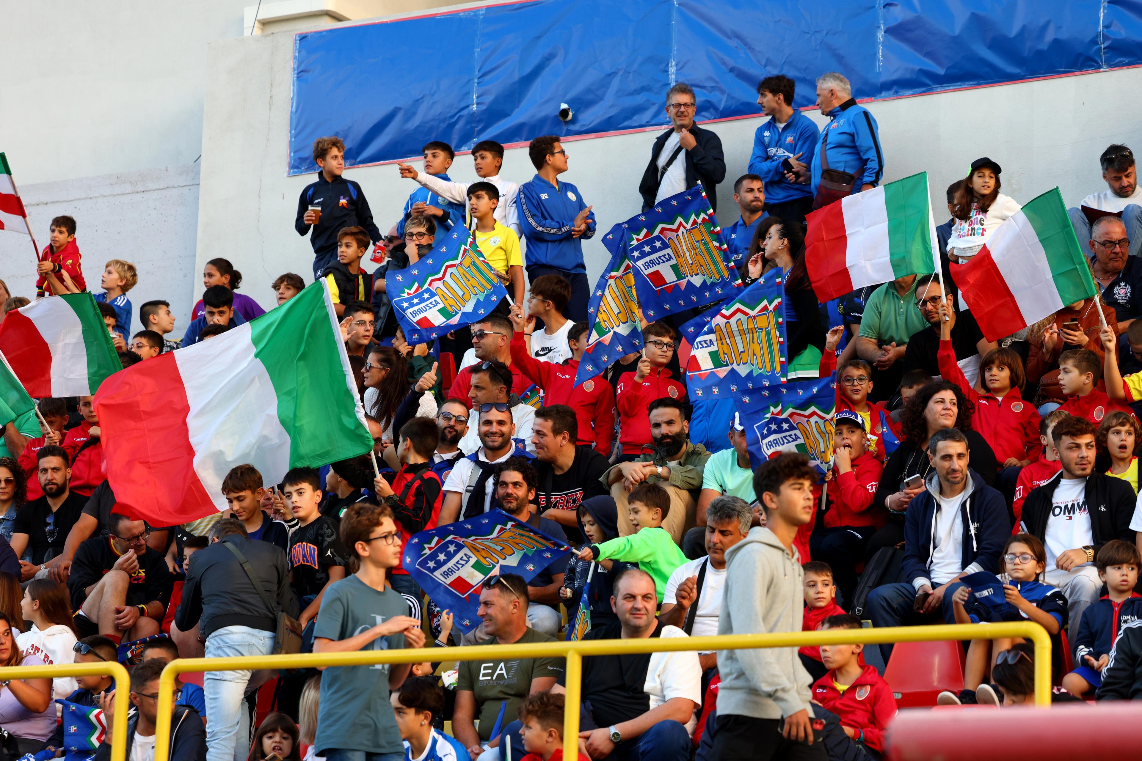 CATANZARO, ITALY - OCTOBER 13: Supporters of Italy prior the Elite League match between Italy U20 and Poland U20 on October 13, 2023 in Catanzaro, Italy. (Photo by Maurizio Lagana/Getty Images)
