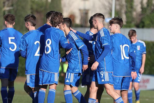 FLORENCE, ITALY - JANUARY 24: Samuele Inacio of Italy U15 celebrates after scoring a goal during the International Friendly match between Italy U15 and Albania U15 on January 24, 2023 in Florence, Italy.  (Photo by Gabriele Maltinti/Getty Images)