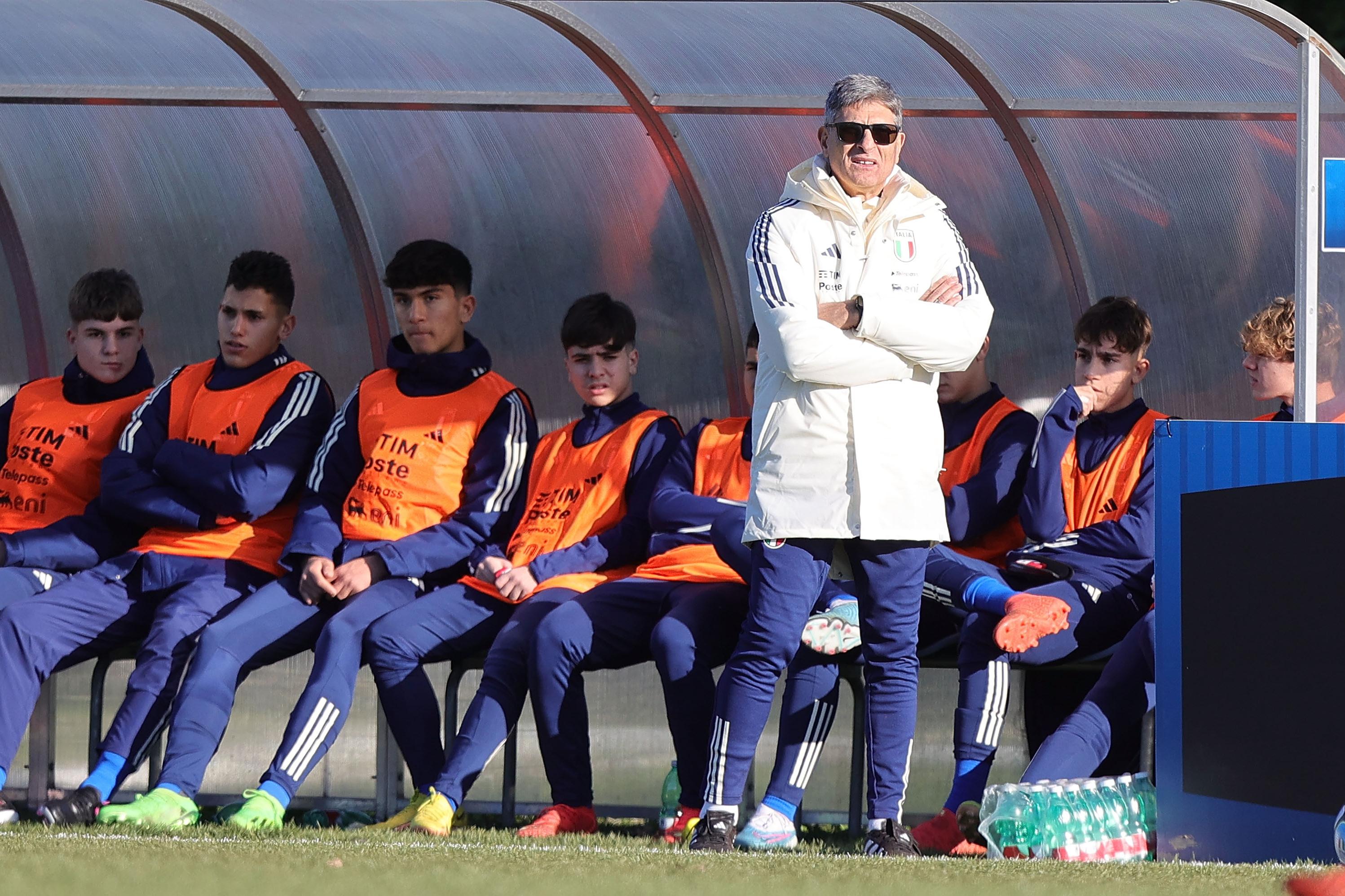 FLORENCE, ITALY - JANUARY 24: Head coach of Italy U15 Massimiliano Favo looks on during the International Friendly match between Italy U15 and Albania U15 on January 24, 2023 in Florence, Italy.  (Photo by Gabriele Maltinti/Getty Images) *** Local Caption *** Massimiliano Favo
