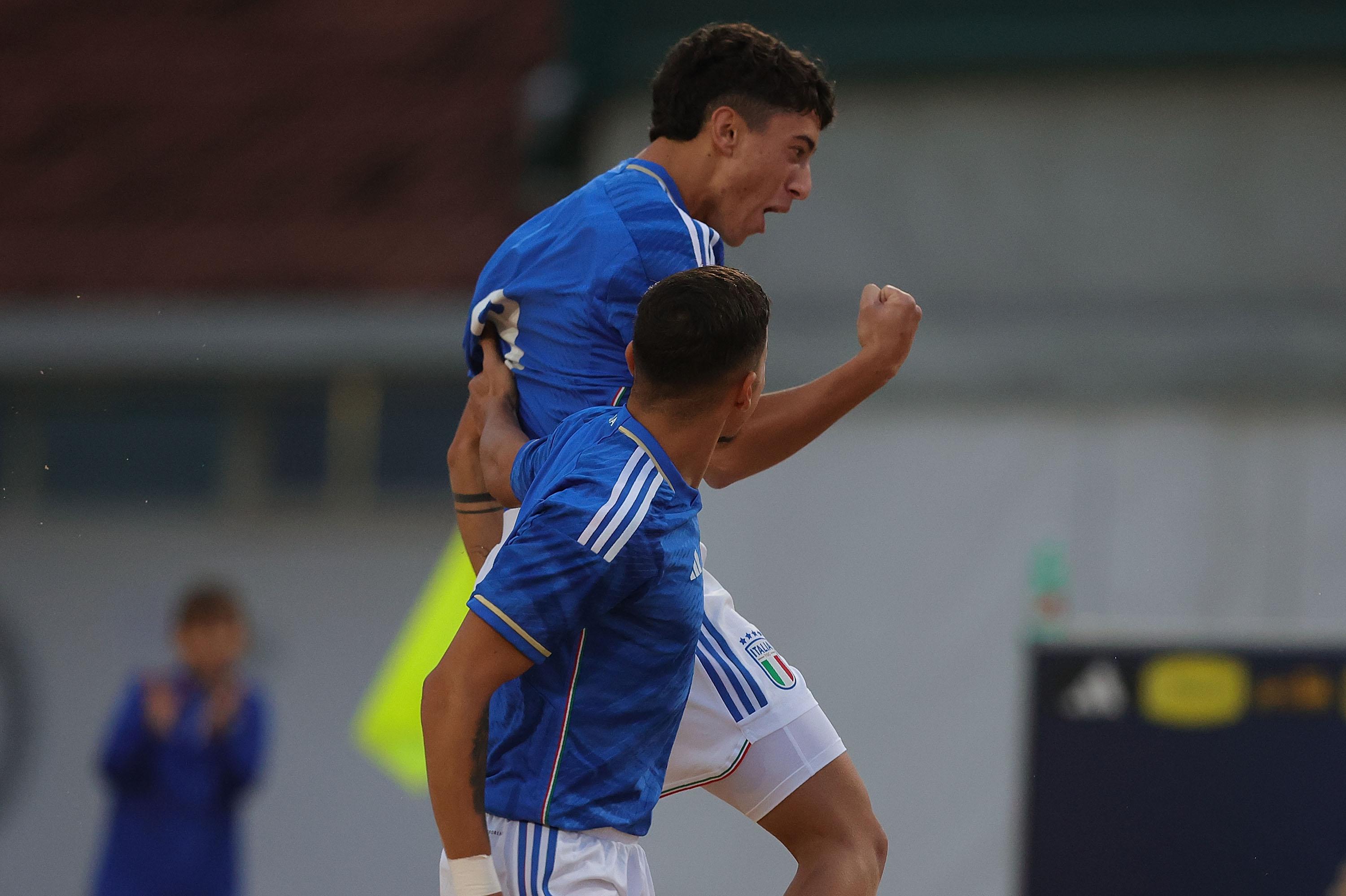 TIRRENIA, ITALY - OCTOBER 19: Nicolo' De Baptistis of Italy celebrates after scoring a goal during friendly match between Italy and Spain on October 19, 2023 in Tirrenia, Italy. (Photo by Gabriele Maltinti/Getty Images) *** Local Caption *** Nicolo' De Baptistis