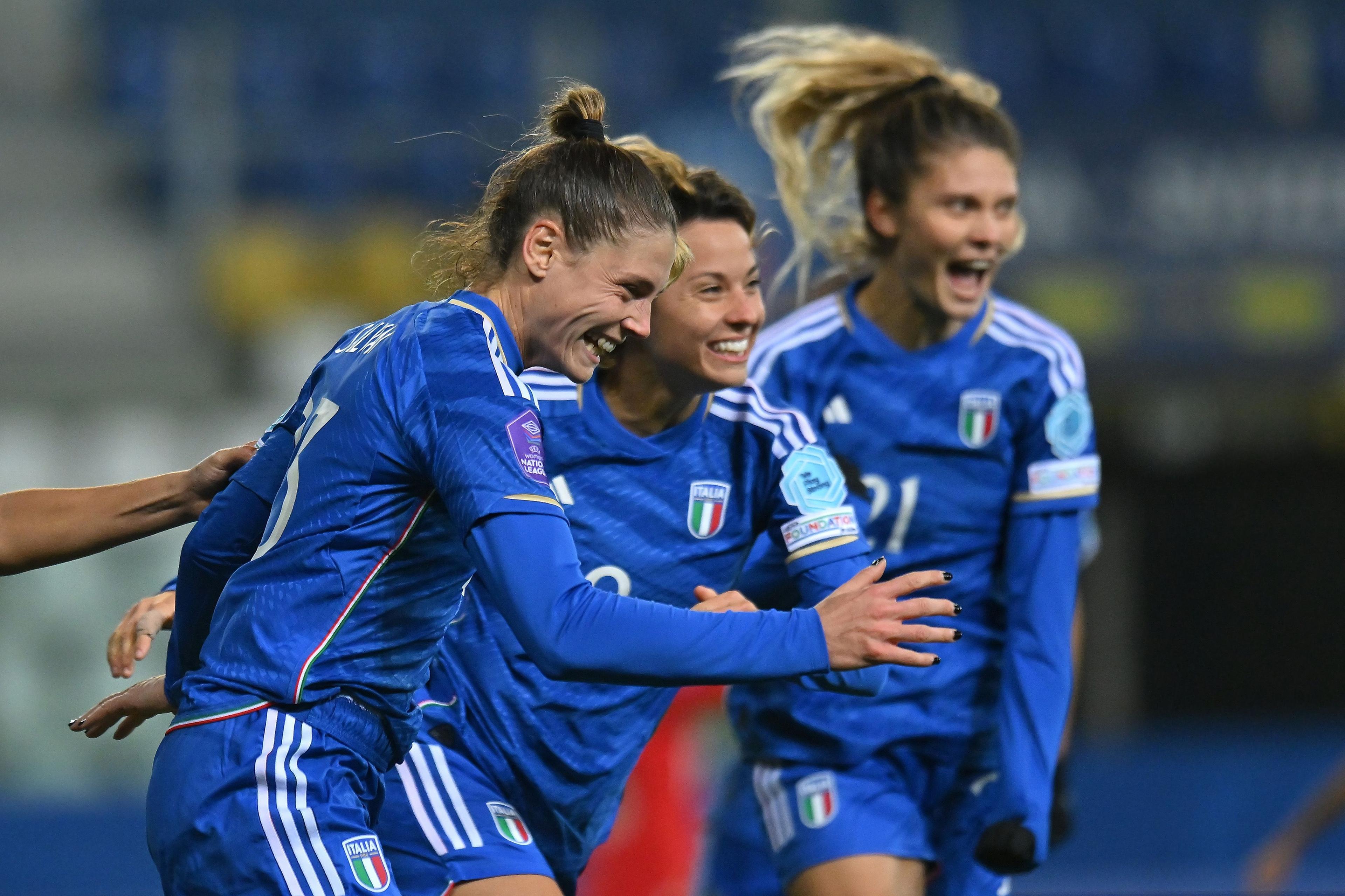 PARMA, ITALY - DECEMBER 05: Cecilia Salvai of Italy Women celebrates after scoring her team second goal during the UEFA Womens Nations League match between Italy and Switzerland at Stadio Ennio Tardini on December 05, 2023 in Parma, Italy. (Photo by Alessandro Sabattini/Getty Images)