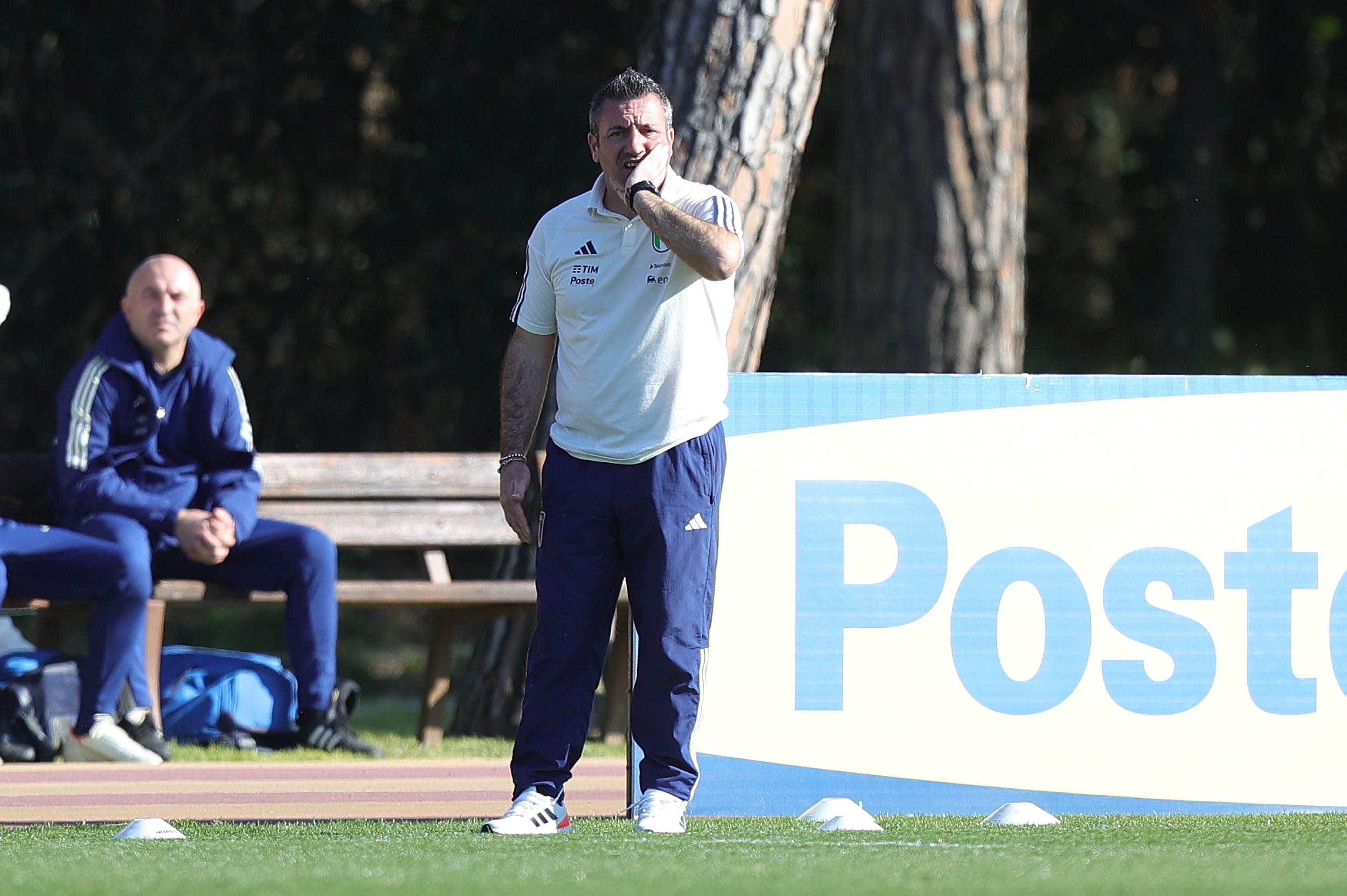 TIRRENIA, ITALY - FEBRUARY 21: Jacopo Leandri manager of Italy U17 gestures during the International friendly match between Italy Women U17 and Switzerland Women U17 at Centro di Preparazione Olimpica di Tirrenia on February 21, 2024 in Tirrenia, Italy. (Photo by Gabriele Maltinti/Getty Images) *** Local Caption *** Jacopo Leandri