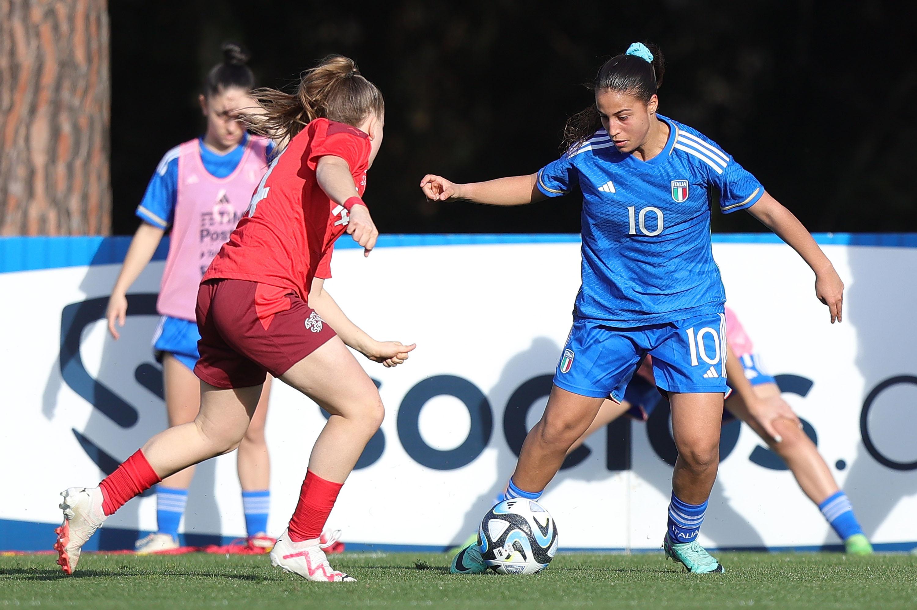 TIRRENIA, ITALY - FEBRUARY 21: Martina Romanelli of Italy Women U17 in action during the International friendly match between Italy Women U17 and Switzerland Women U17 at Centro di Preparazione Olimpica di Tirrenia on February 21, 2024 in Tirrenia, Italy. (Photo by Gabriele Maltinti/Getty Images) *** Local Caption *** Martina Romanelli