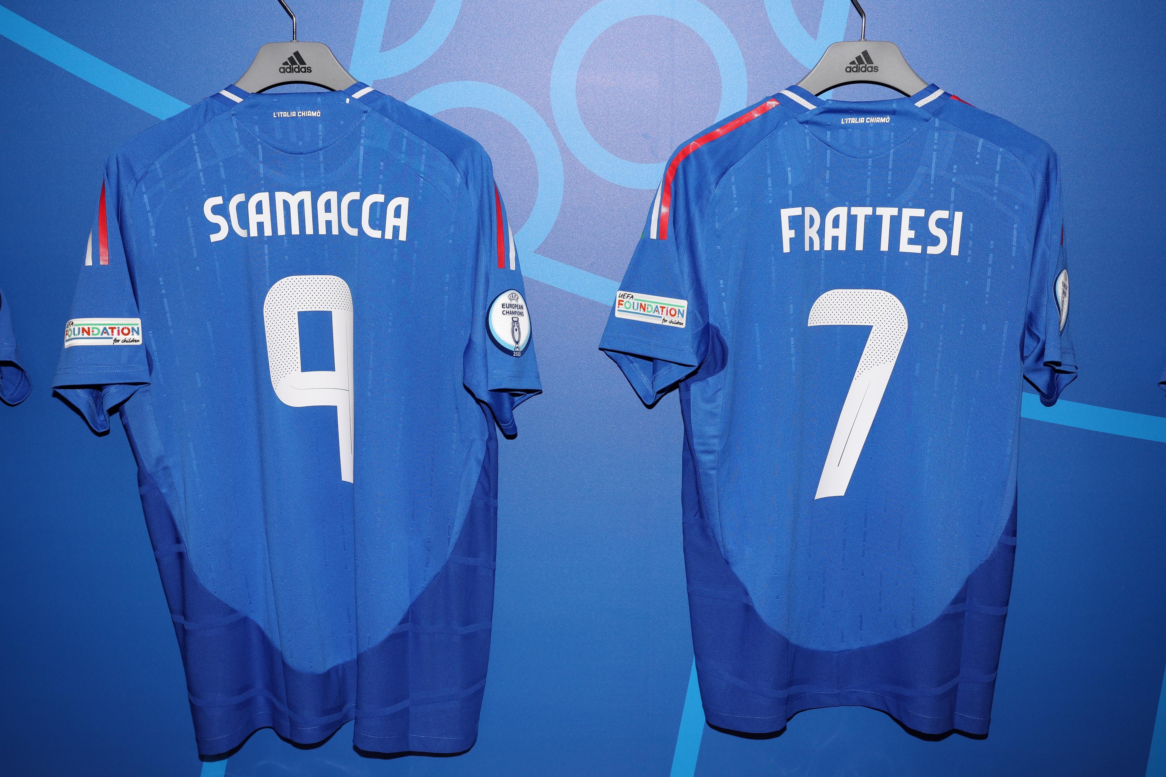 DORTMUND, GERMANY - JUNE 15: The shirts of Gianluca Scamacca and Davide Frattesi are displayed inside the Italy dressing room prior to the UEFA EURO 2024 group stage match between Italy and Albania at Football Stadium Dortmund on June 15, 2024 in Dortmund, Germany. (Photo by Claudio Villa/Getty Images for FIGC)
