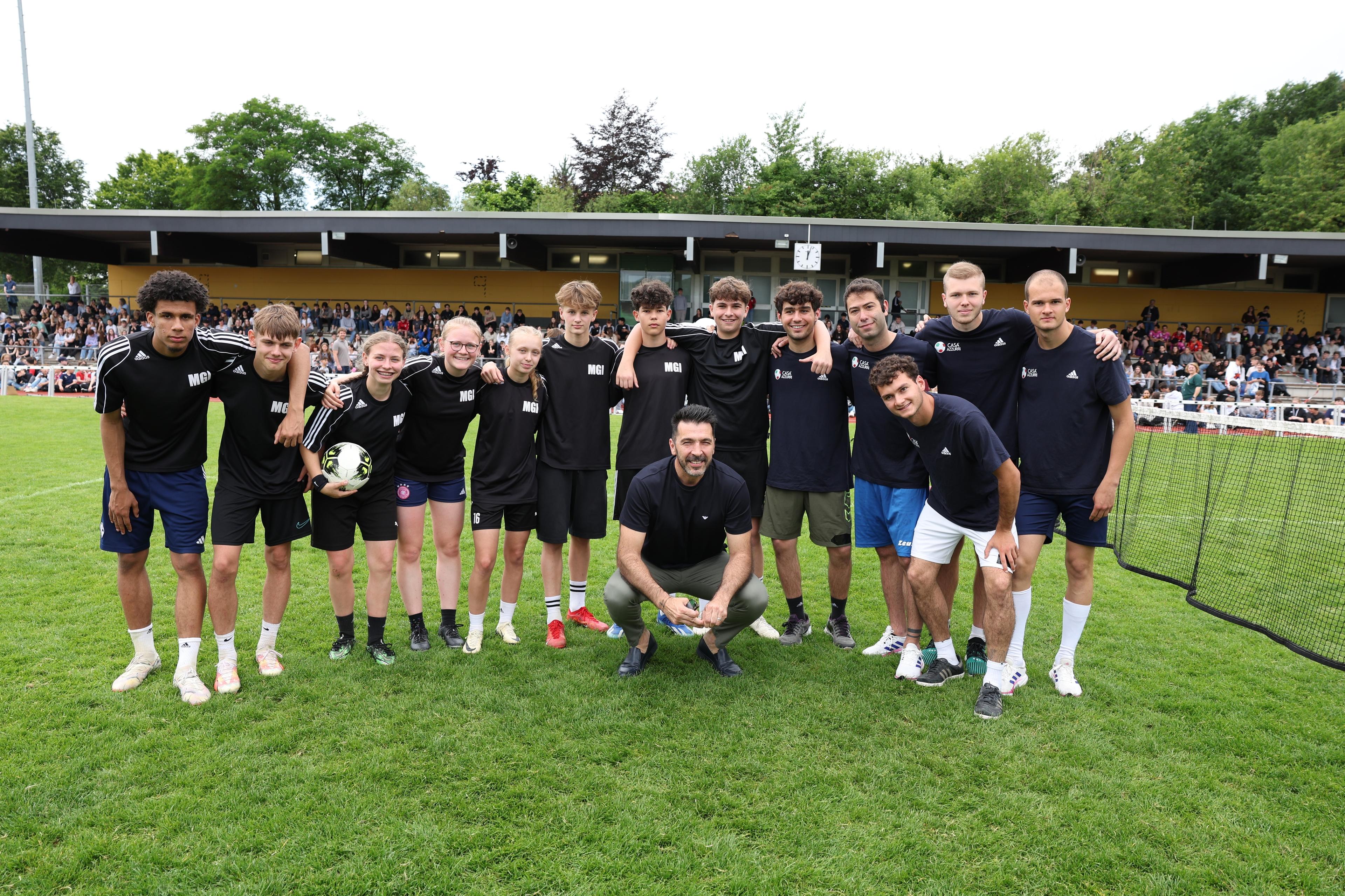 ISERLOHN, GERMANY - JUNE 21: Head Italy delegation Gianluigi Buffon awards prizes at the boys' tournament at Hemberg-Stadion on June 21, 2024 in Iserlohn, Germany. (Photo by Claudio Villa/Getty Images for FIGC)