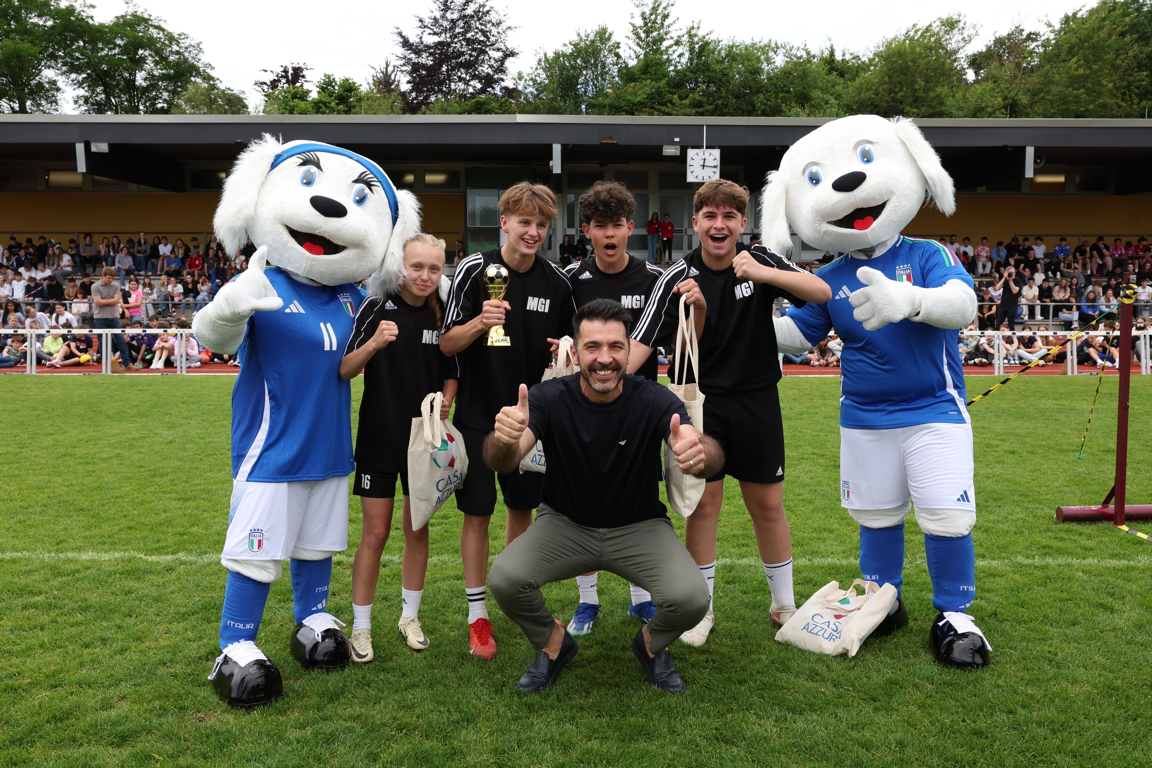 ISERLOHN, GERMANY - JUNE 21: Head Italy delegation Gianluigi Buffon awards prizes at the boys\\' tournament  at Hemberg-Stadion on June 21, 2024 in Iserlohn, Germany. (Photo by Claudio Villa/Getty Images for FIGC)