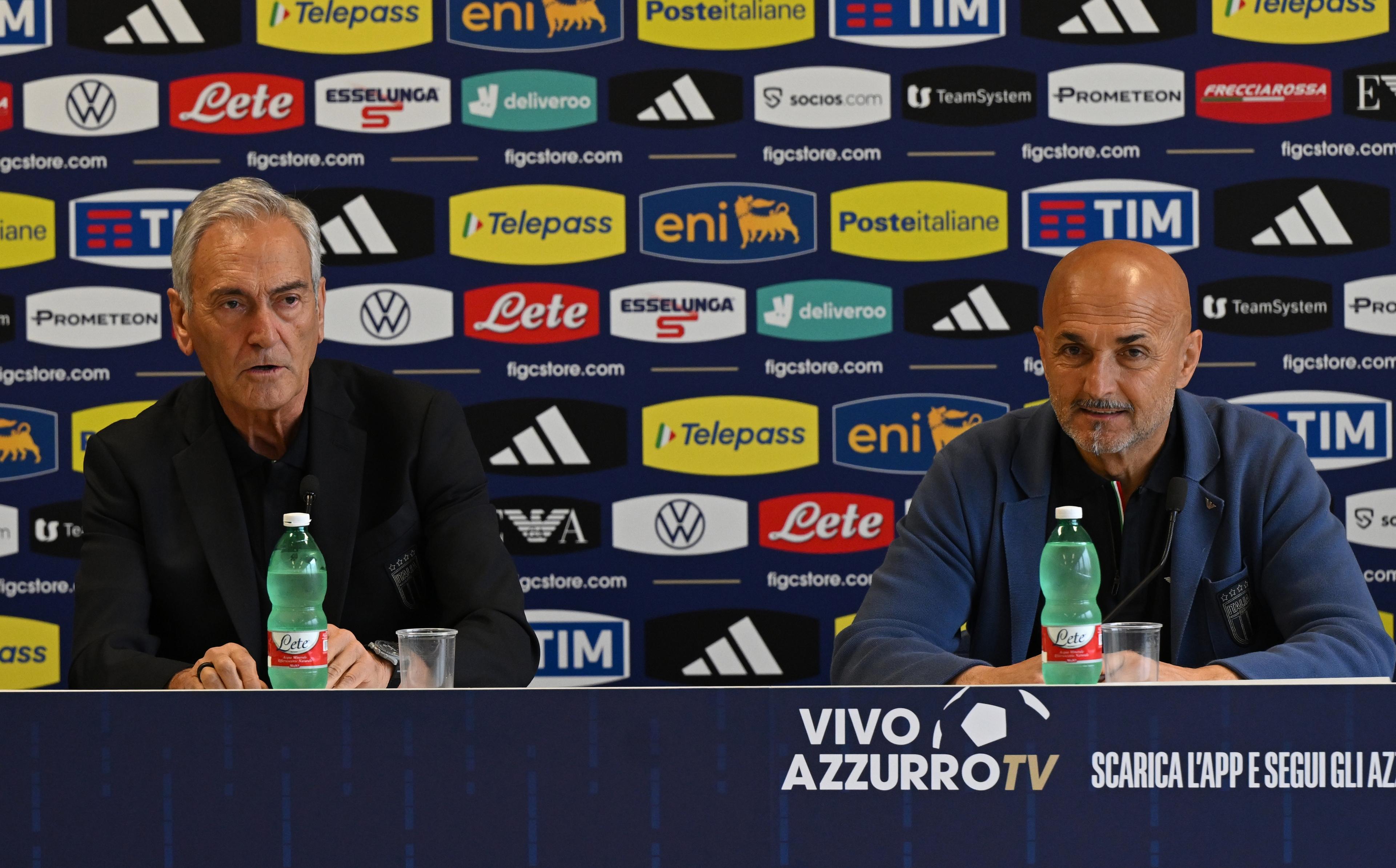 ISERLOHN, GERMANY - JUNE 30: President FIGC Gabriele Gravina and head coach Italy Luciano Spalletti speak with the media during a press conference at Casa Azzurri at Hemberg-Stadion on June 30, 2024 in Iserlohn, Germany. (Photo by Claudio Villa/Getty Images for FIGC)