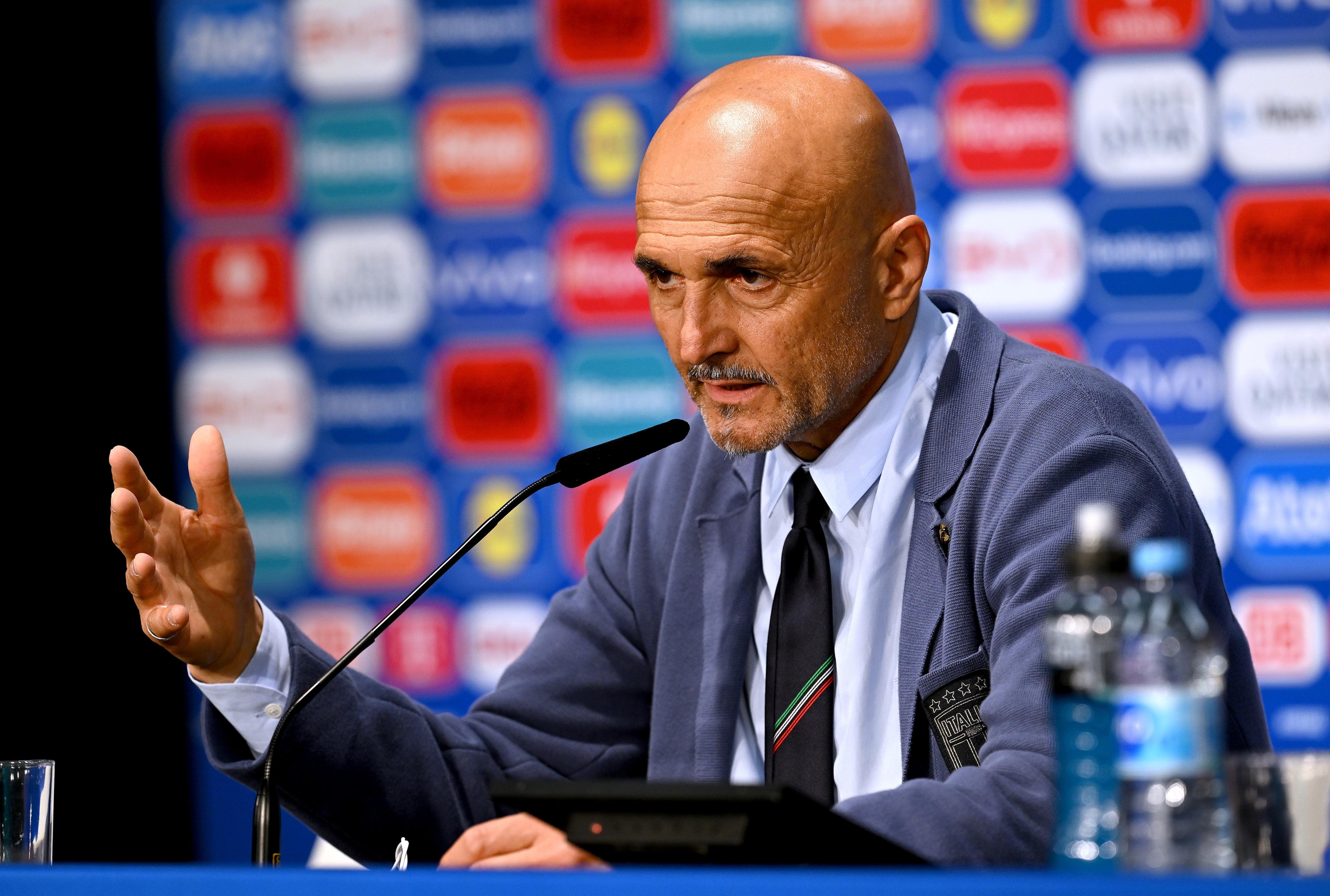 BERLIN, GERMANY - JUNE 29: Luciano Spalletti, Head Coach of Italy, speaks to the media in a post match press conference after the UEFA EURO 2024 round of 16 match between Switzerland and Italy at Olympiastadion on June 29, 2024 in Berlin, Germany. (Photo by Tullio Puglia - UEFA/UEFA via Getty Images)