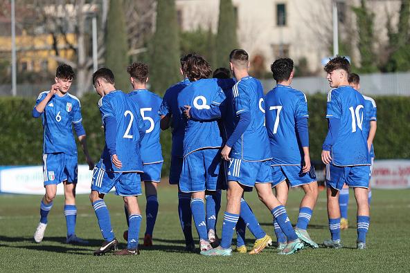 FLORENCE, ITALY - JANUARY 24: Samuele Inacio of Italy U15 celebrates after scoring a goal during the International Friendly match between Italy U15 and Albania U15 on January 24, 2023 in Florence, Italy.  (Photo by Gabriele Maltinti/Getty Images)