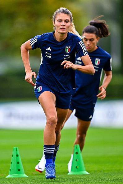 FLORENCE, ITALY - OCTOBER 23: Michela Cambiaghi (left) and Agnese Bonfantini of Italy are seen in action during an Italy Women's training session at Centro Tecnico Federale di Coverciano on October 23, 2023 in Florence, Italy. (Photo by Simone Arveda/Getty Images)