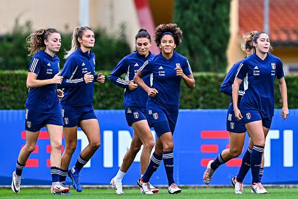 FLORENCE, ITALY - OCTOBER 23: Players of Italy are seen in action during an Italy Women's training session at Centro Tecnico Federale di Coverciano on October 23, 2023 in Florence, Italy. (Photo by Simone Arveda/Getty Images)