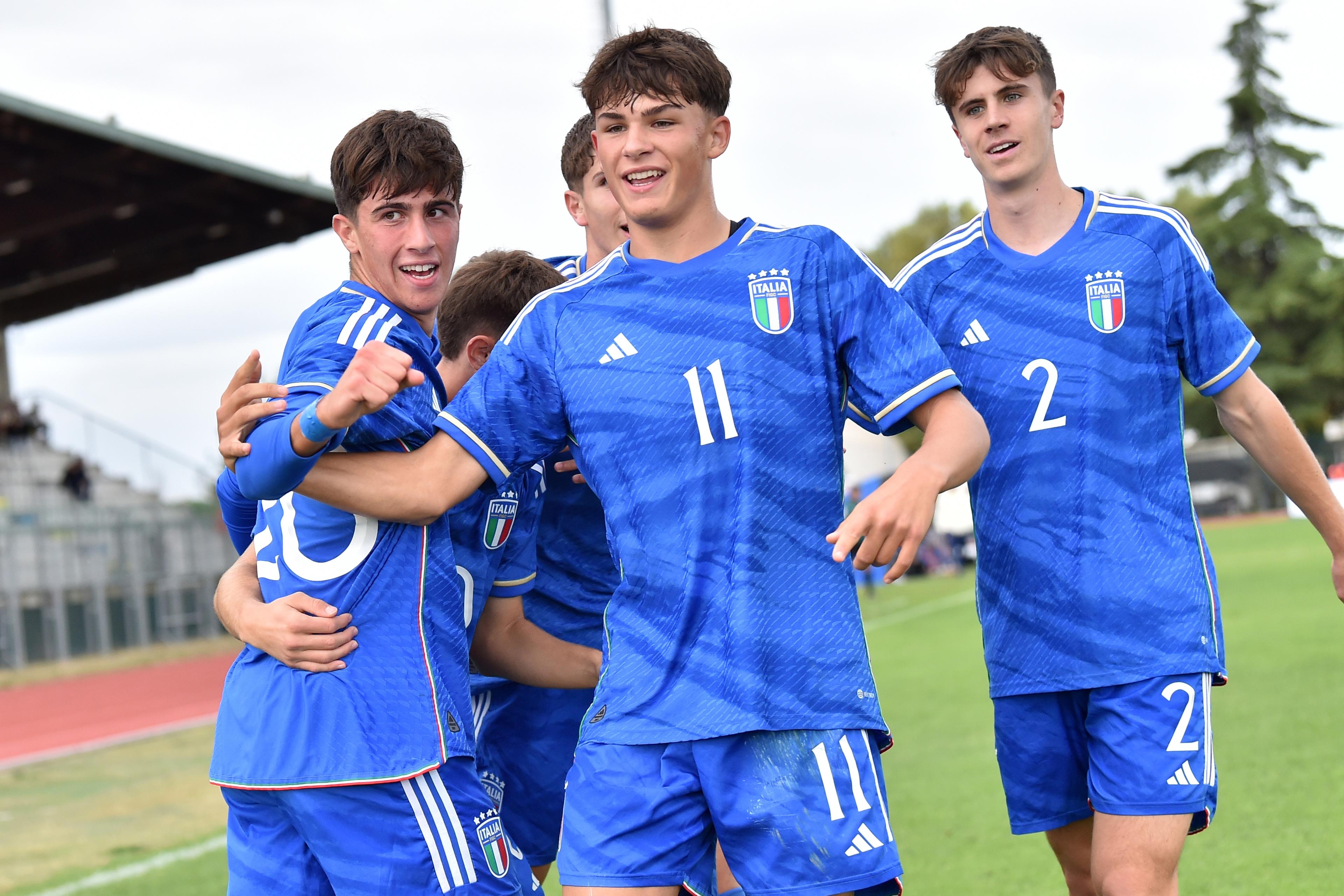 SANT\\'ARCANGELO DI ROMAGNA, ITALY - OCTOBER 25: Mattia Mosconi of Italy celebrates after scoring opening goal during European Under-17 Championship 2024 qualifying round match between Italy snd San Marino at Stadio Valentino Mazzola on October 25, 2023 in Sant\\'Arcangelo di Romagna, Italy. (Photo by Giuseppe Bellini/Getty Images)