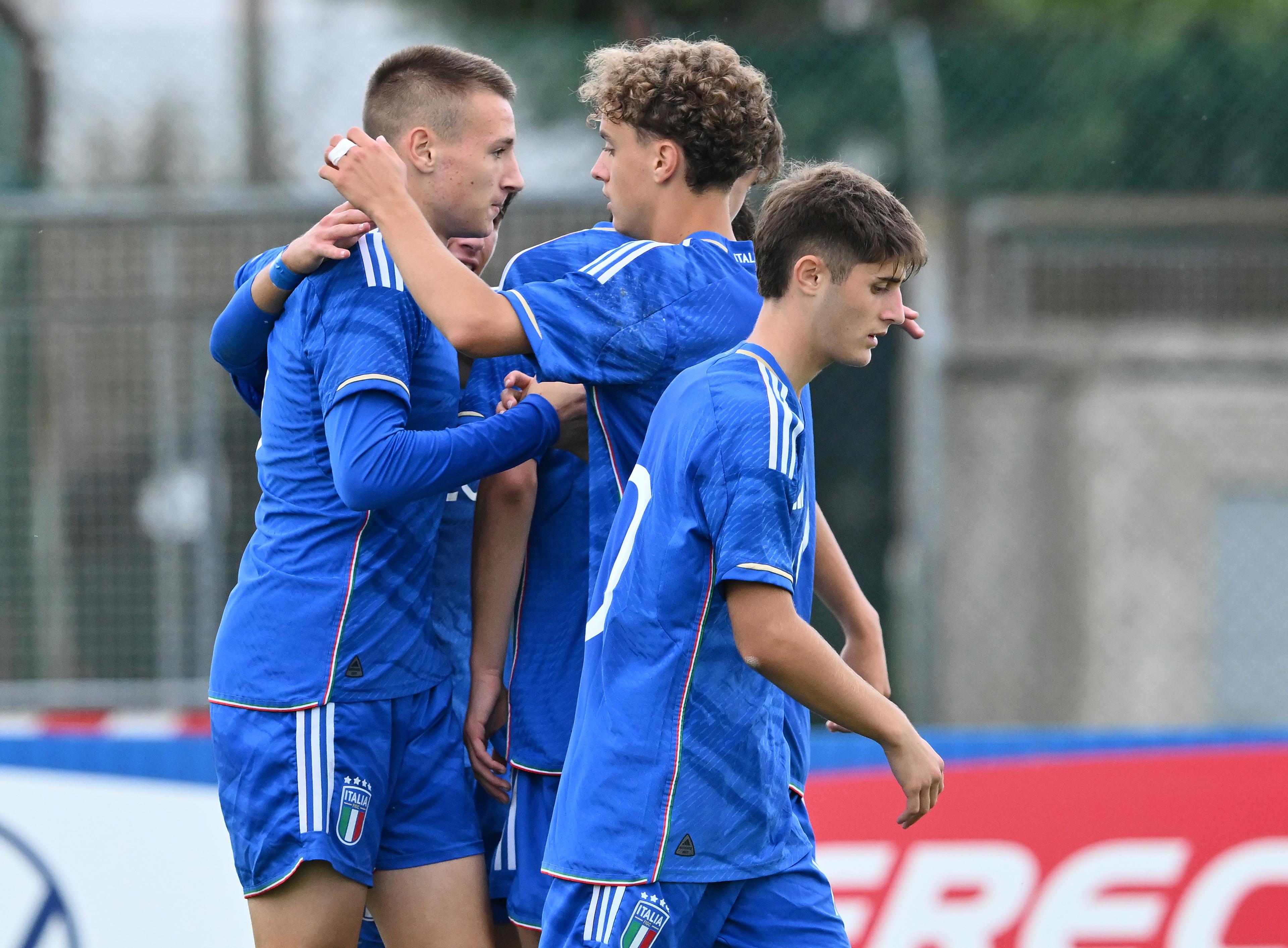 SANT'ARCANGELO DI ROMAGNA, ITALY - OCTOBER 25: Francesco Camarda of Italy celebrates with his teammates after scoring goal 3-0 during European Under-17 Championship 2024 qualifying round match between Italy snd San Marino at Stadio Valentino Mazzola on October 25, 2023 in Sant'Arcangelo di Romagna, Italy. (Photo by Giuseppe Bellini/Getty Images)
