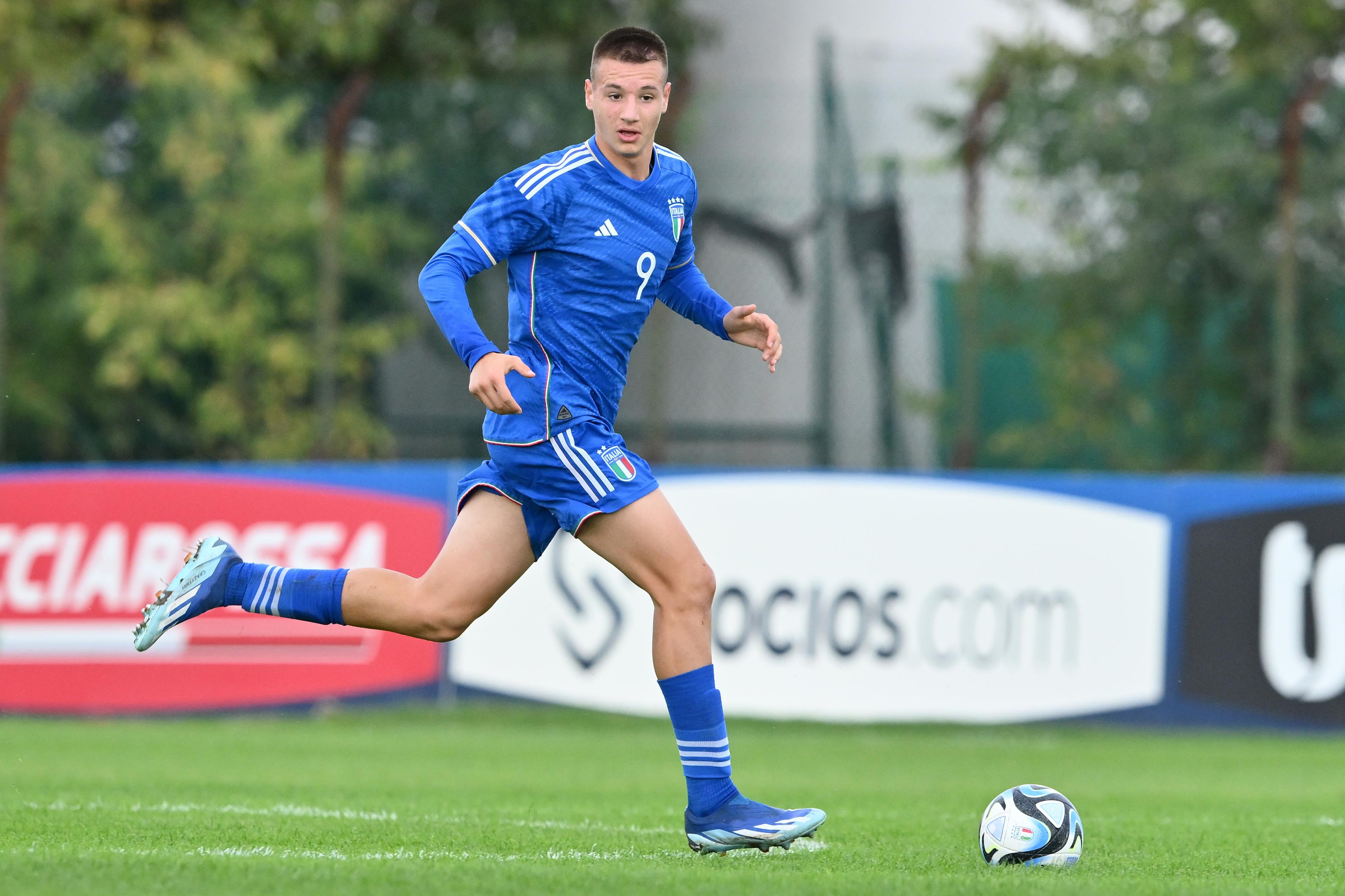 SANT\\'ARCANGELO DI ROMAGNA, ITALY - OCTOBER 25: Francesco Camarda of Italy in action during European Under-17 Championship 2024 qualifying round match between Italy snd San Marino at Stadio Valentino Mazzola on October 25, 2023 in Sant\\'Arcangelo di Romagna, Italy. (Photo by Giuseppe Bellini/Getty Images)