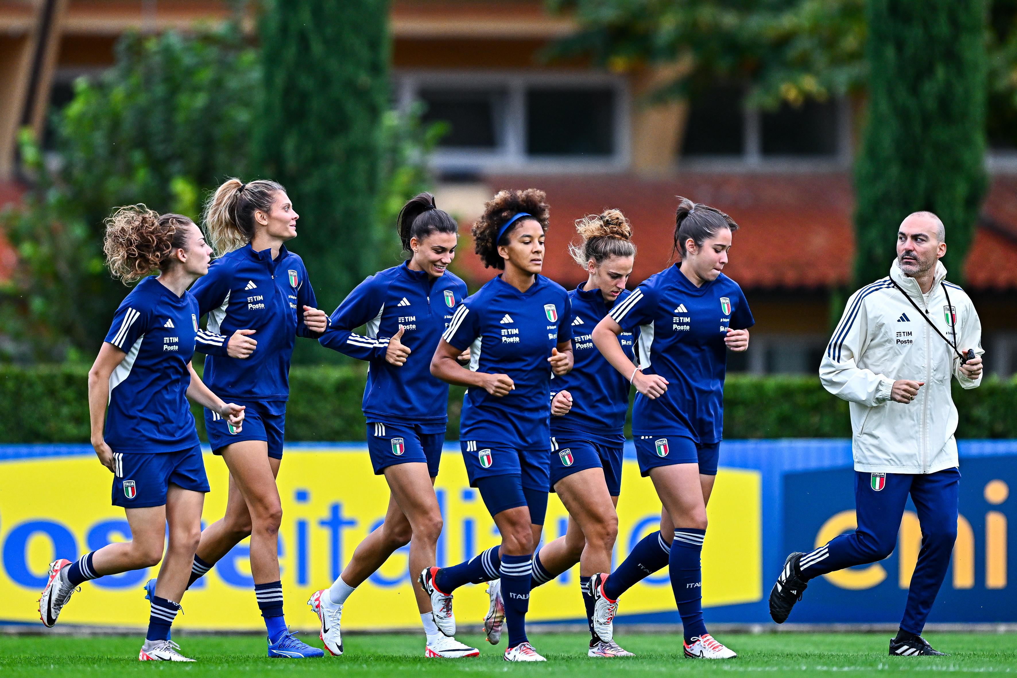 FLORENCE, ITALY - OCTOBER 23: Players of Italy are seen in action during a training session at Centro Tecnico Federale di Coverciano on October 23, 2023 in Florence, Italy. (Photo by Simone Arveda/Getty Images)