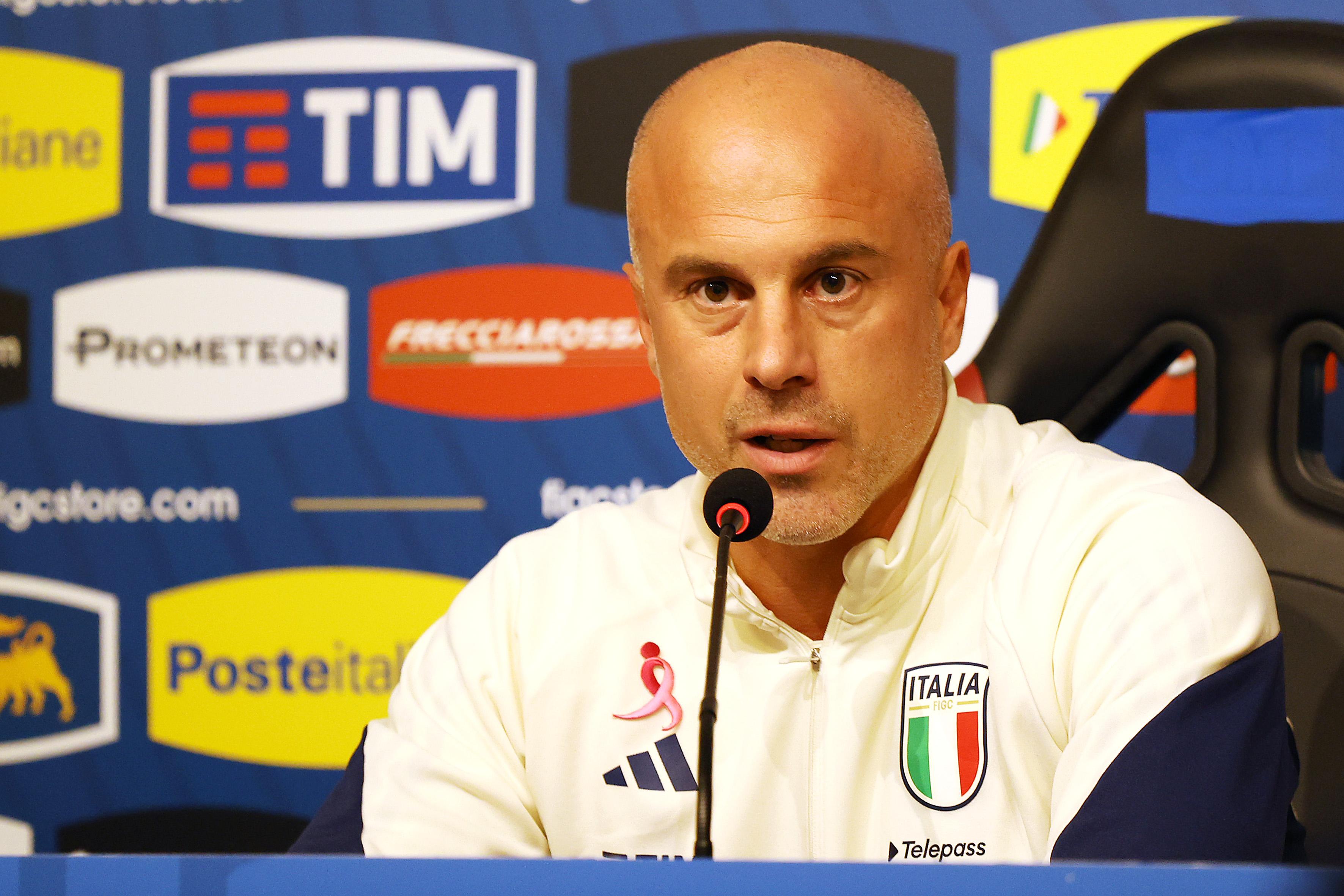 SALERNO, ITALY - OCTOBER 26: Andrea Soncin Italy head coach during the press conference at Stadio Arechi on October 26, 2023 in Salerno, Italy. (Photo by Francesco Pecoraro/Getty Images)