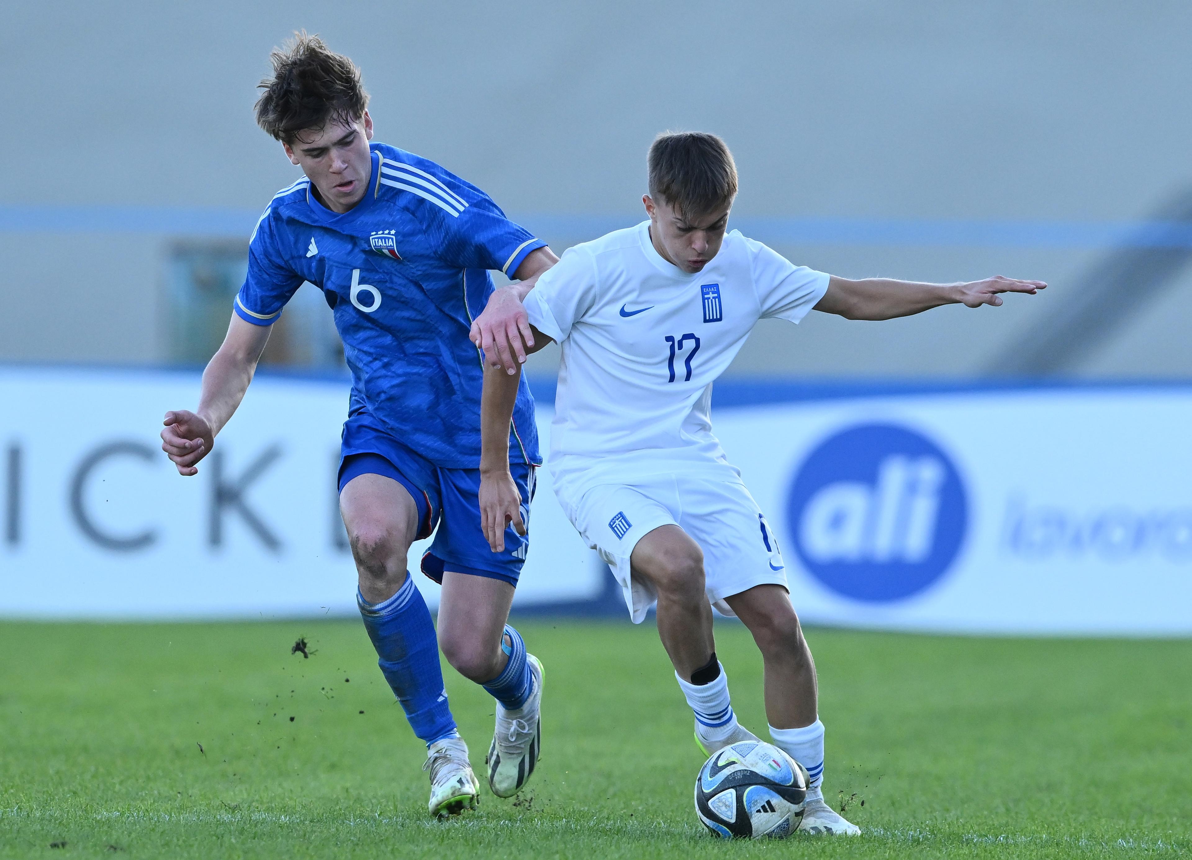 FORLI, ITALY - OCTOBER 31: Manuel Maffessoli of Italy and Antonios Panagiotis Tsitsilas of Greece in action during European Under-17 Championship 2024 qualifying round match between Greece and Italy at Stadio Tullo Morgagni on October 31, 2023 in Forli, Italy. (Photo by Giuseppe Bellini/Getty Images)