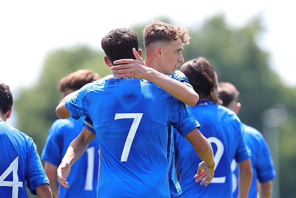 FLORENCE, ITALY - MAY 30: Simone Lontani of Italy Women U15 celebrates after scoring a goal during the international friendly match between Italy U15 and Poland U15 at Centro Tecnico Federale di Coverciano on May 30, 2023 in Florence, Italy. (Photo by Gabriele Maltinti/Getty Images)