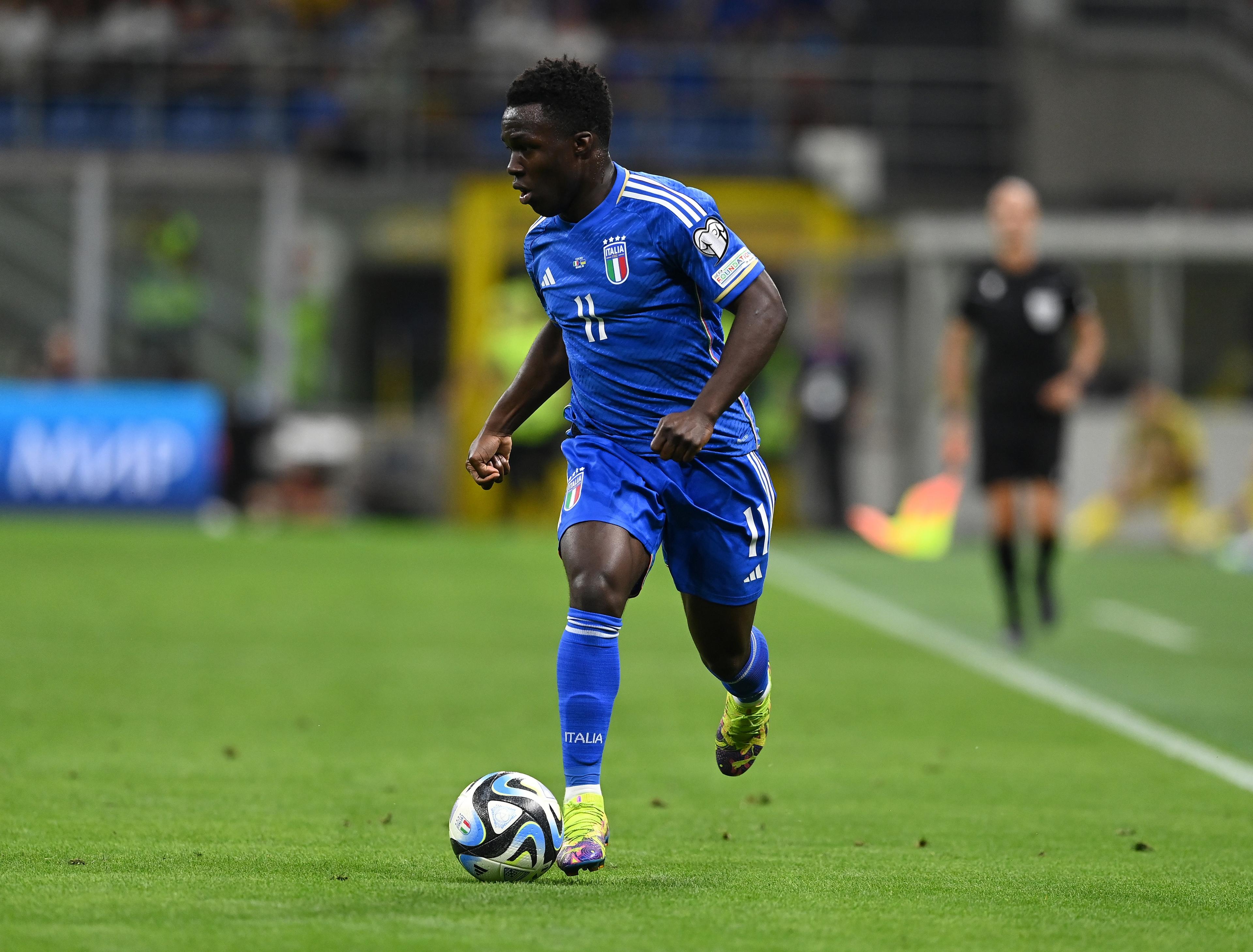 MILAN, ITALY - SEPTEMBER 12: Wilfried Gnonto of Italy in action during the UEFA EURO 2024 European qualifier match between Italy and Ukraine at Stadio San Siro on September 12, 2023 in Milan, Italy. (Photo by Claudio Villa/Getty Images)