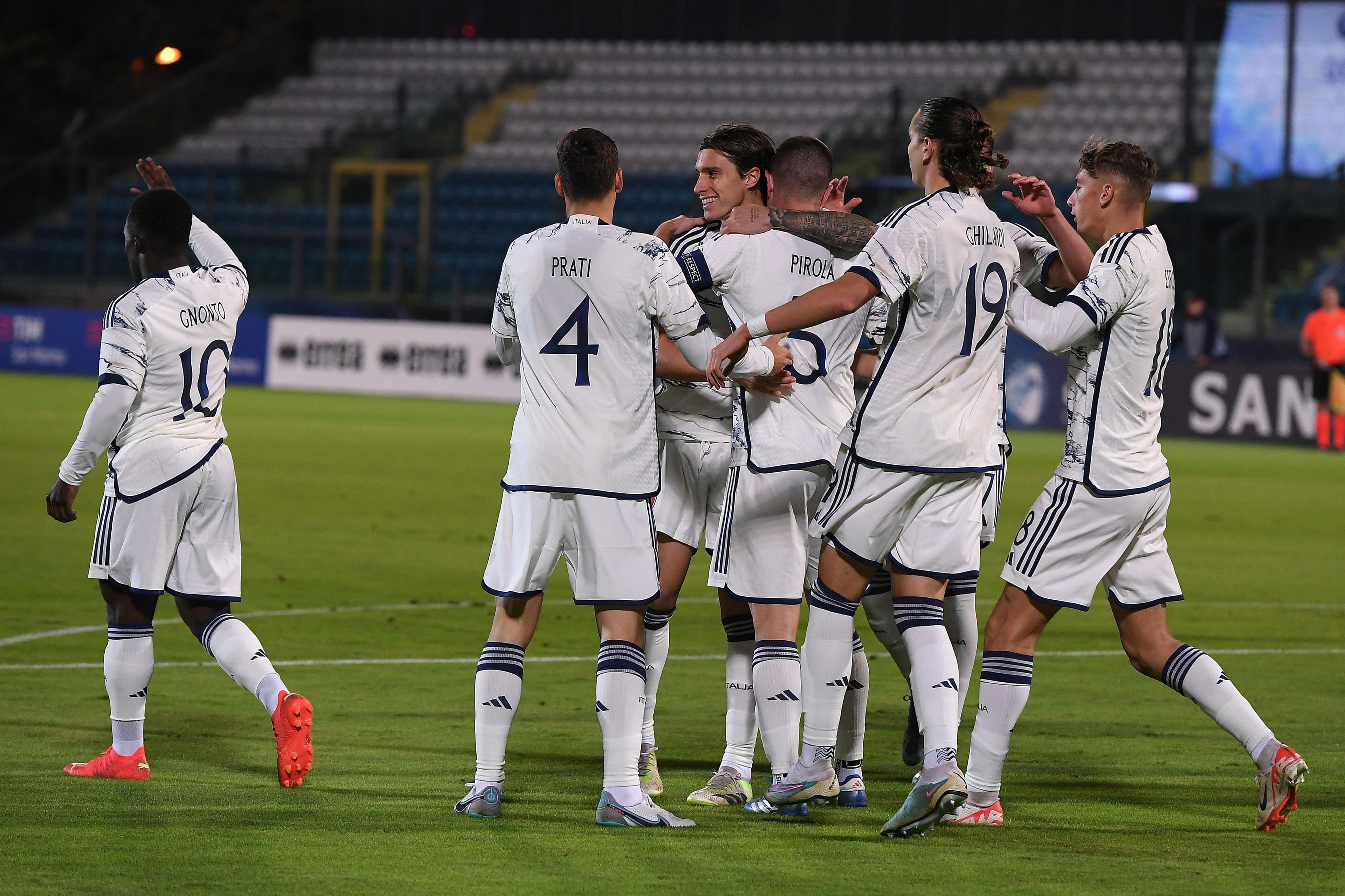 SAN MARINO, ITALY - NOVEMBER 16: Lorenzo Pirola of Italy U21 celebrates after scoring the opening goal during the UEFA Under21 Euro Qualifier match between San Marino U21 and Italy U21 at Serravalle on November 16, 2023 in San Marino, Italy. (Photo by Alessandro Sabattini/Getty Images)