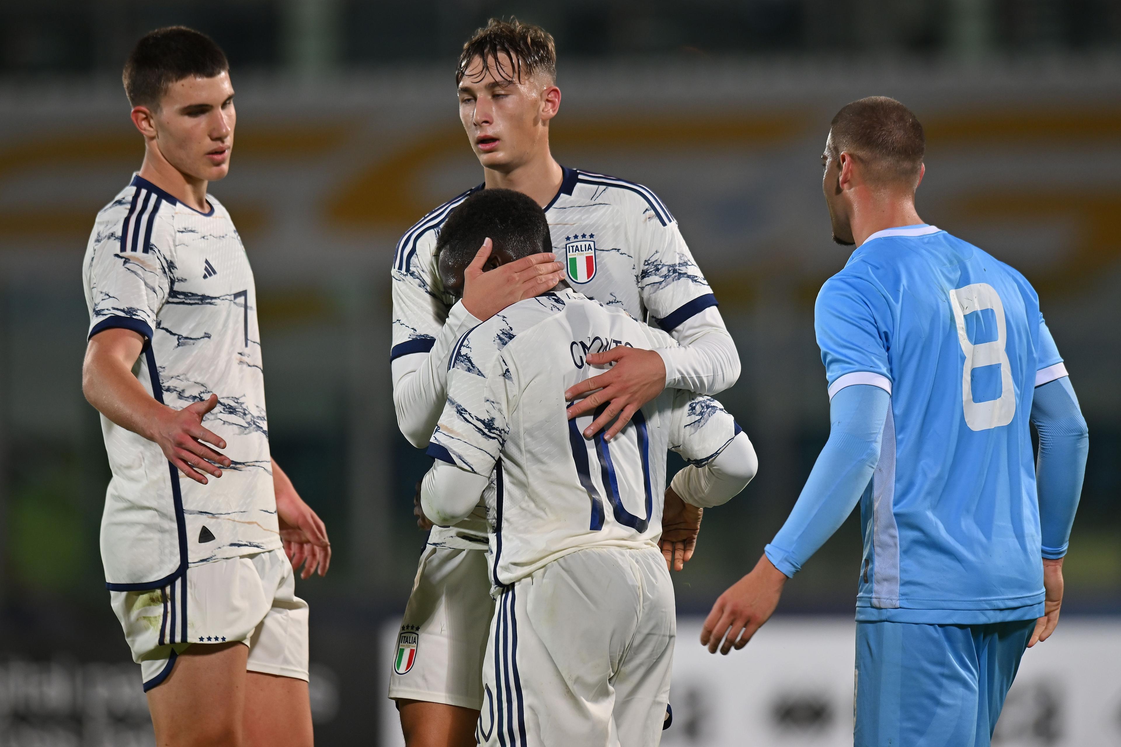 SAN MARINO, ITALY - NOVEMBER 16:  Wilfred Gnoto of Italy U21  celebrates after scoring his team third goal during the UEFA Under21 Euro Qualifier match between San Marino U21 and Italy U21 at Serravalle on November 16, 2023 in San Marino, Italy. (Photo by Alessandro Sabattini/Getty Images)